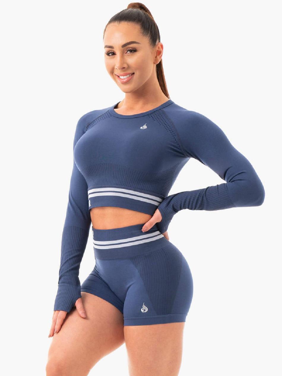 Grey / Blue Women's Ryderwear Freestyle Seamless Long Sleeve Crop Top | 61JF90343