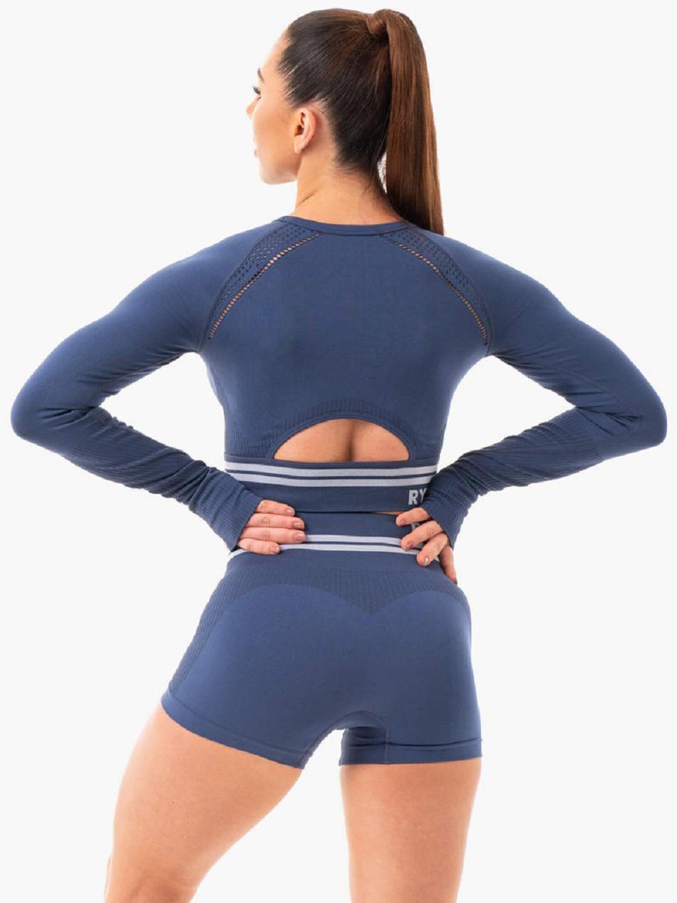 Grey / Blue Women's Ryderwear Freestyle Seamless Long Sleeve Crop Top | 61JF90343