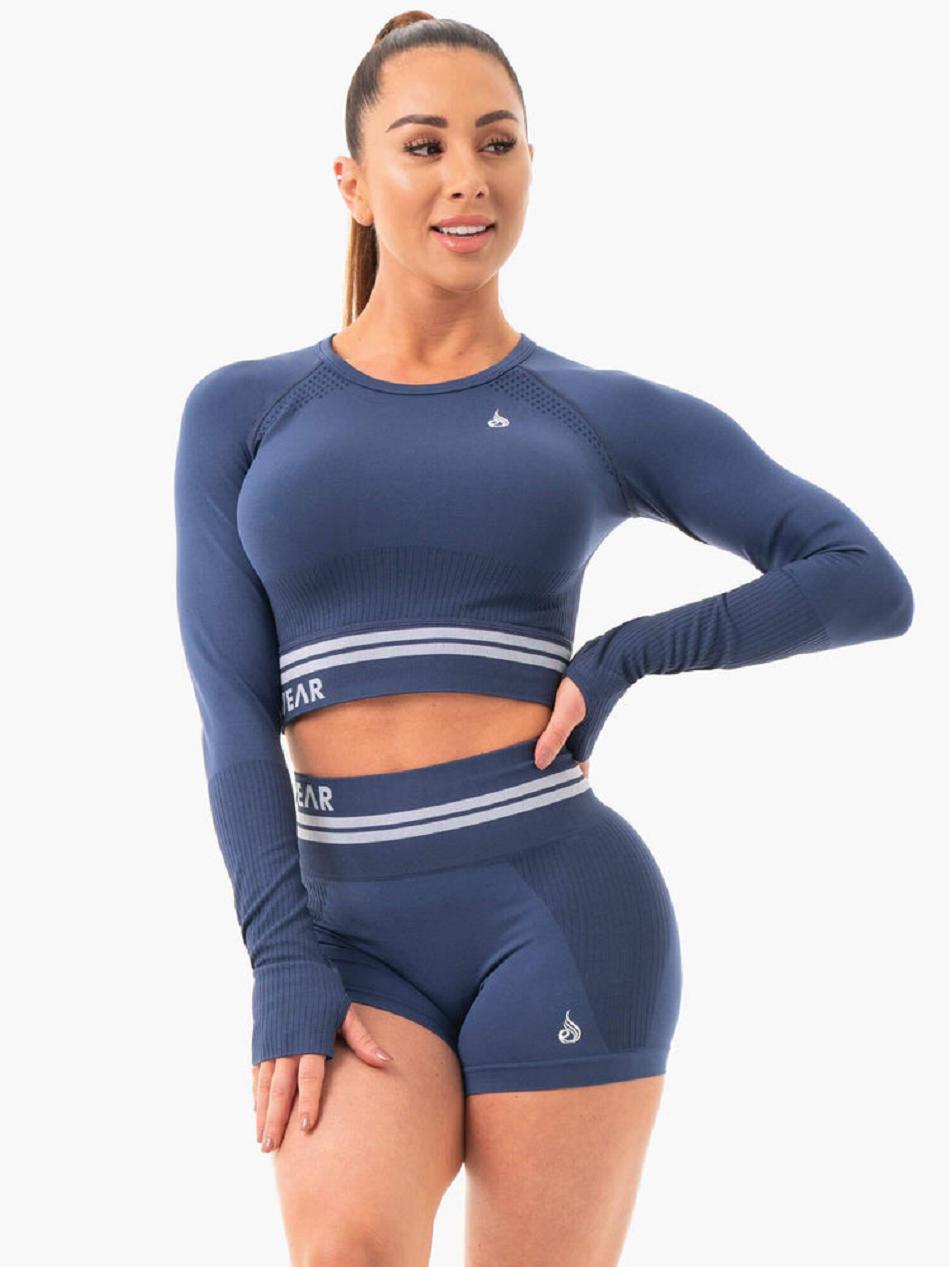 Grey / Blue Women's Ryderwear Freestyle Seamless Long Sleeve Crop Top | 61JF90343