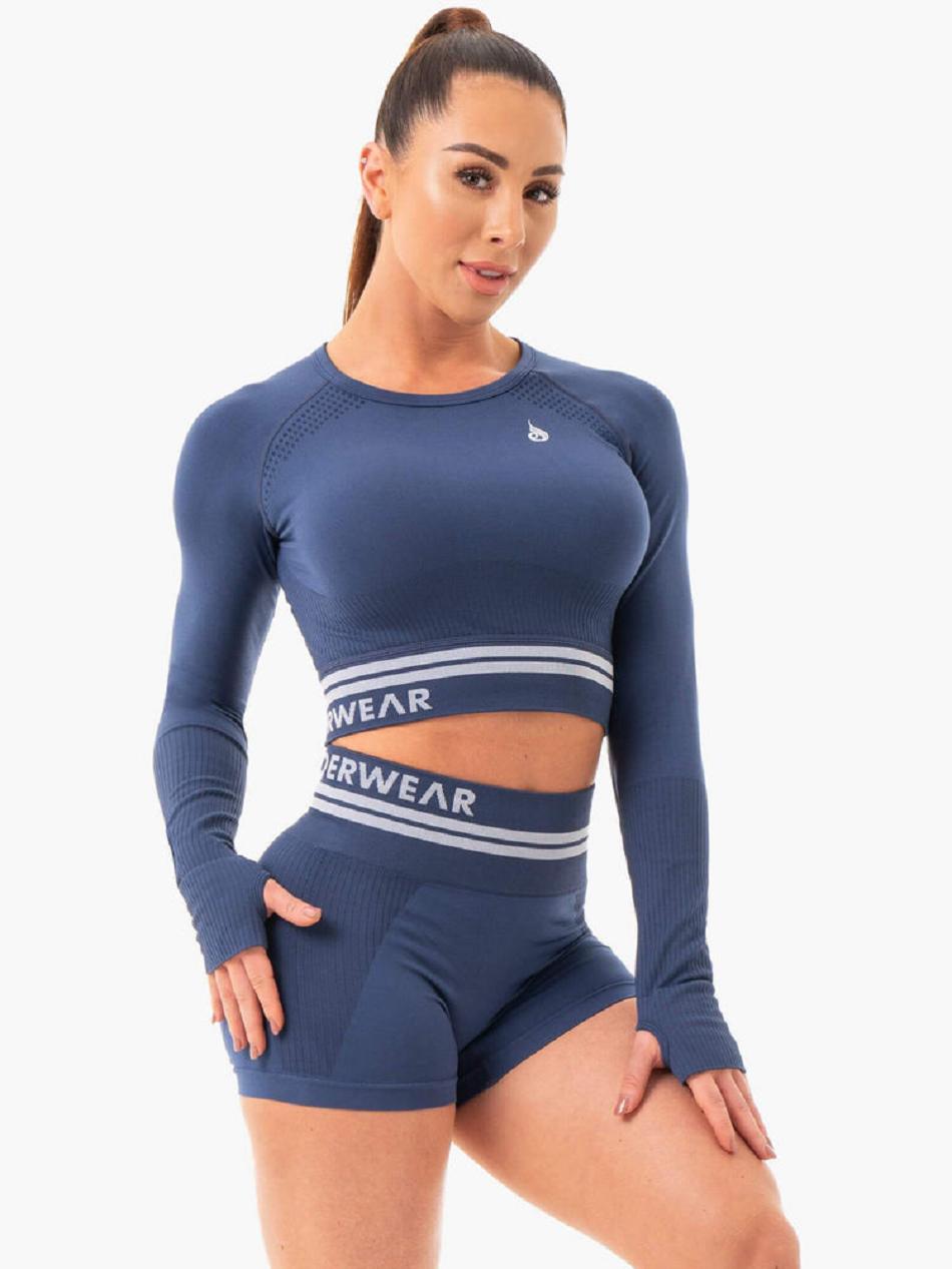 Grey / Blue Women's Ryderwear Freestyle Seamless Long Sleeve Crop Top | 61JF90343