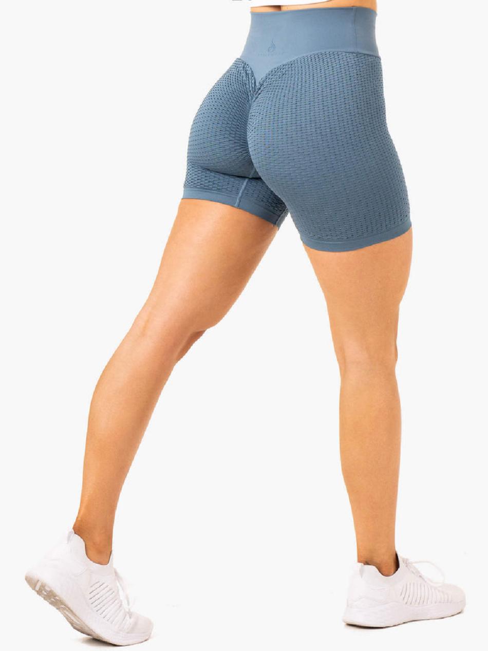 Grey / Blue Women\'s Ryderwear Honeycomb Seamless Shorts Scrunch Bum | 606Y32495