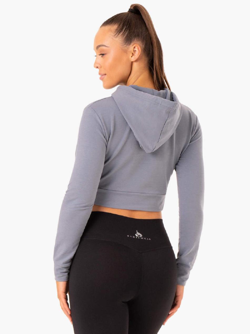 Grey / Blue Women's Ryderwear Hybrid Fitted Hoodie Top | 62SB15082