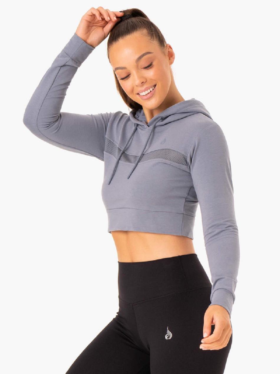 Grey / Blue Women's Ryderwear Hybrid Fitted Hoodie Top | 62SB15082