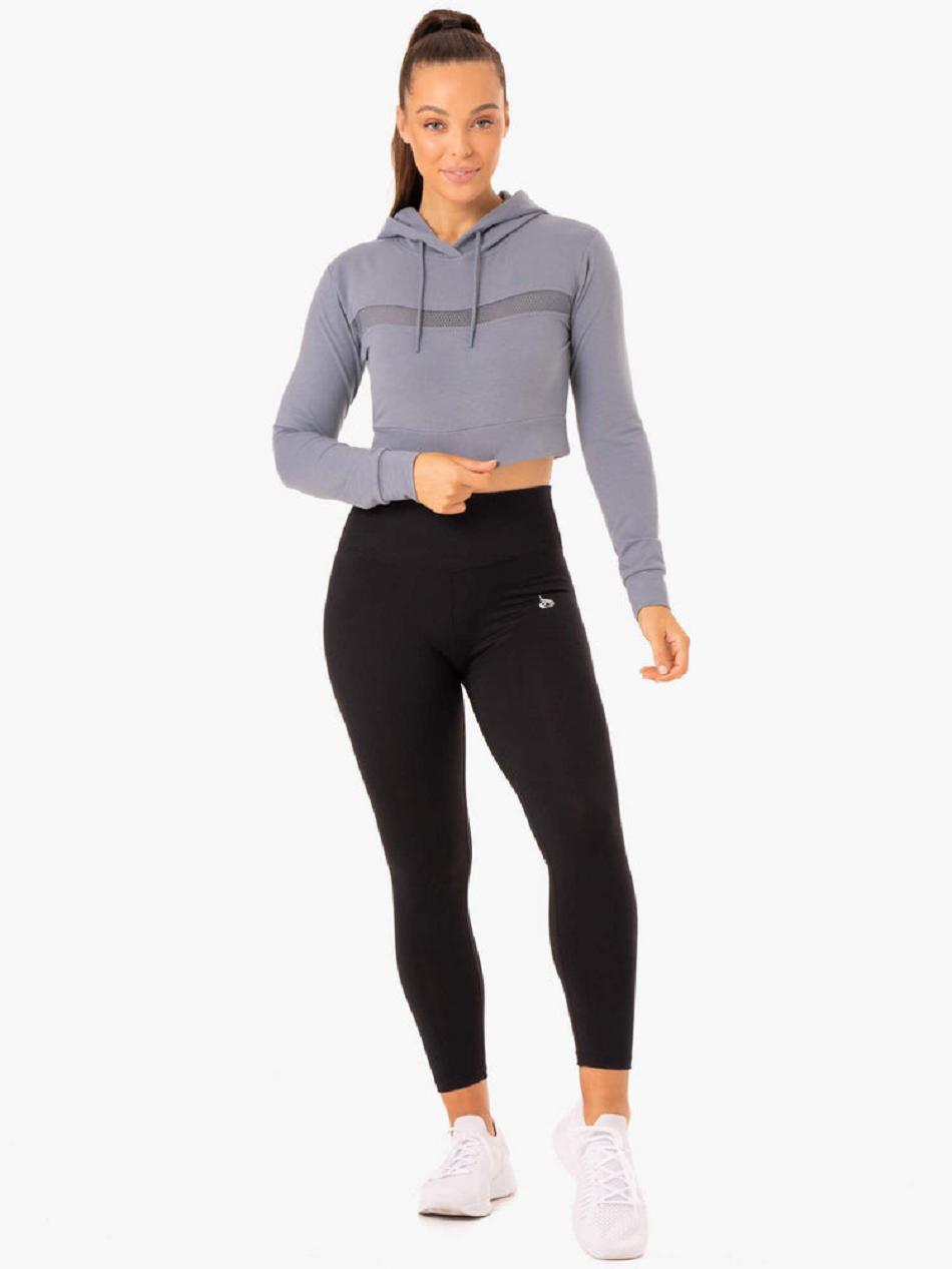 Grey / Blue Women's Ryderwear Hybrid Fitted Hoodie Top | 62SB15082