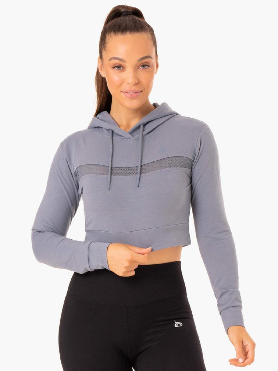 Grey / Blue Women\'s Ryderwear Hybrid Fitted Hoodie Top | 62SB15082