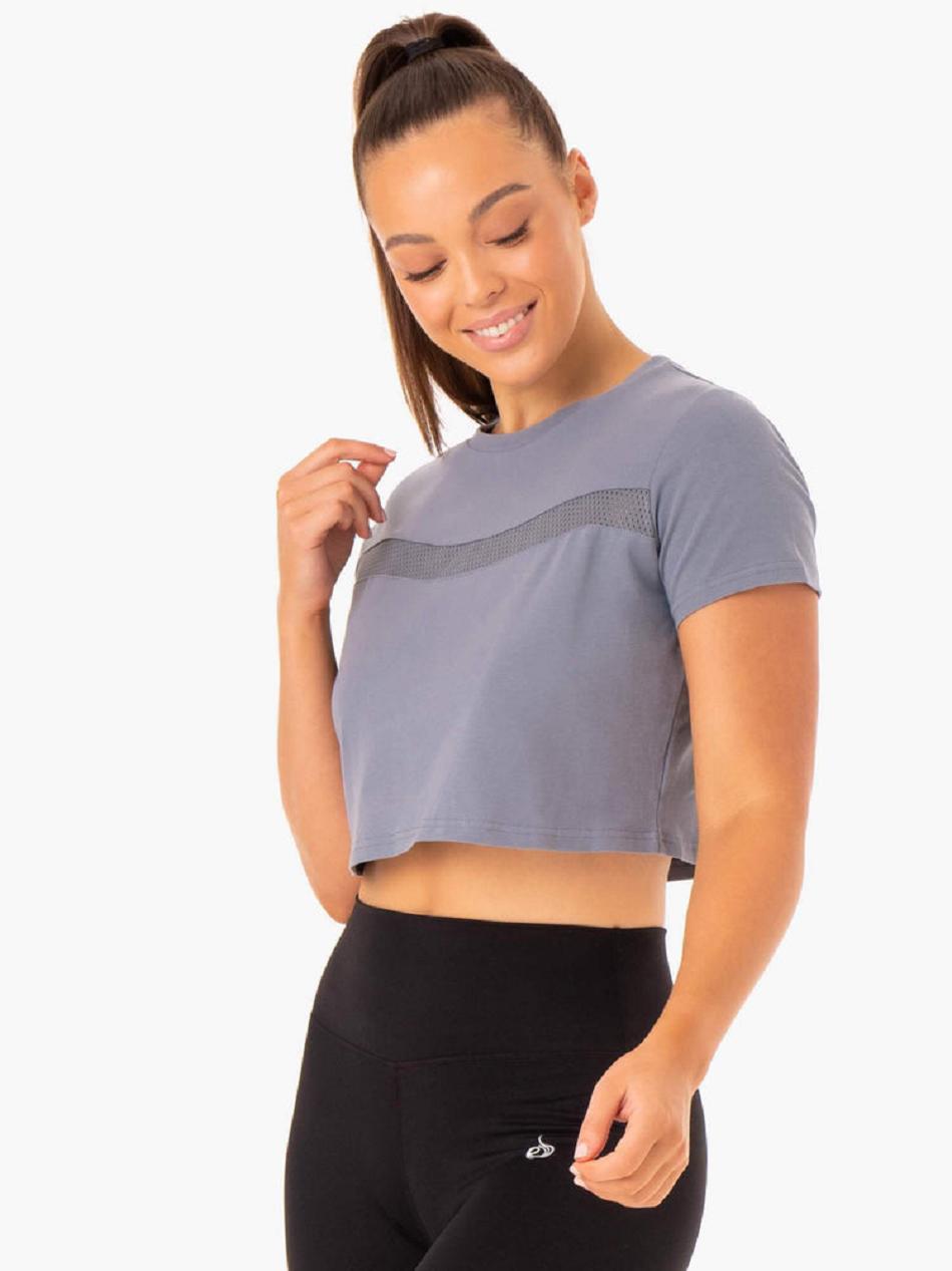 Grey / Blue Women's Ryderwear Hybrid Mesh T-shirt | 143DF47584