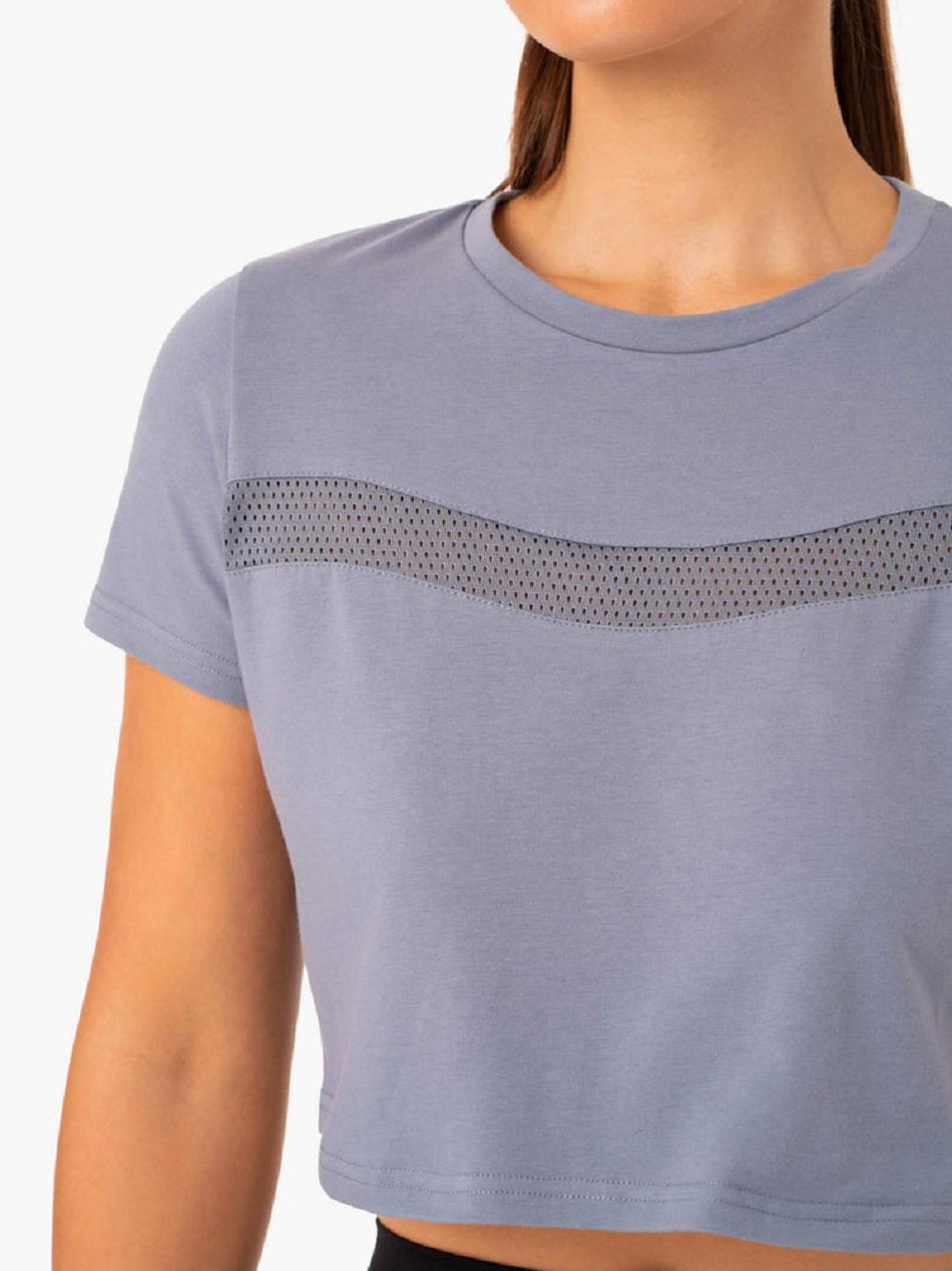 Grey / Blue Women's Ryderwear Hybrid Mesh T-shirt | 143DF47584