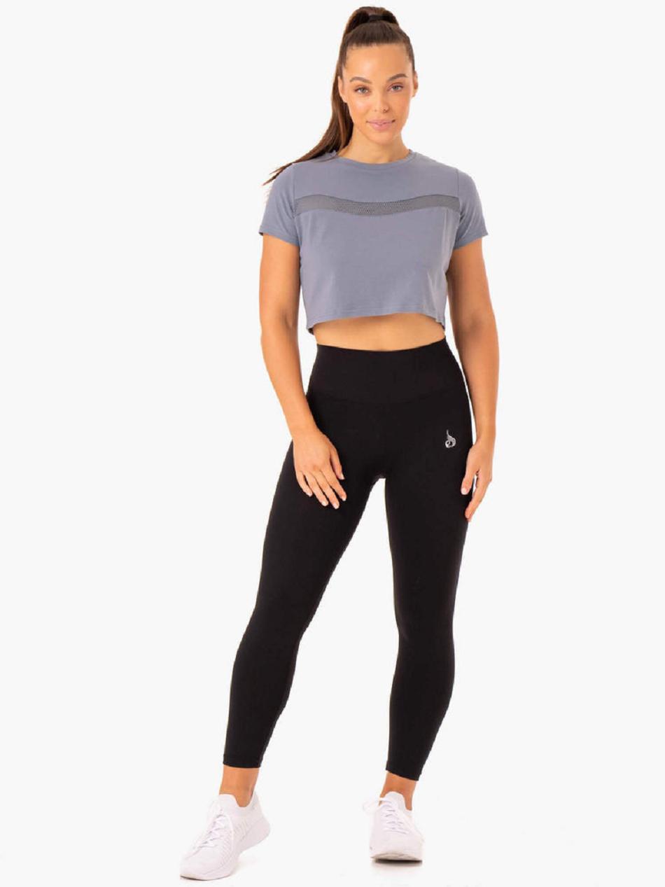 Grey / Blue Women's Ryderwear Hybrid Mesh T-shirt | 143DF47584