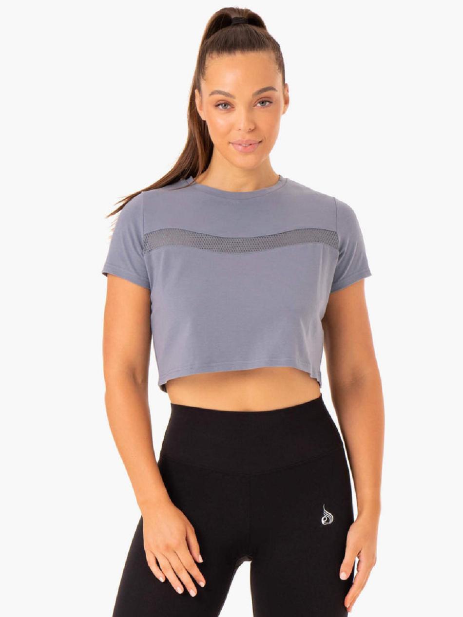 Grey / Blue Women\'s Ryderwear Hybrid Mesh T-shirt | 143DF47584