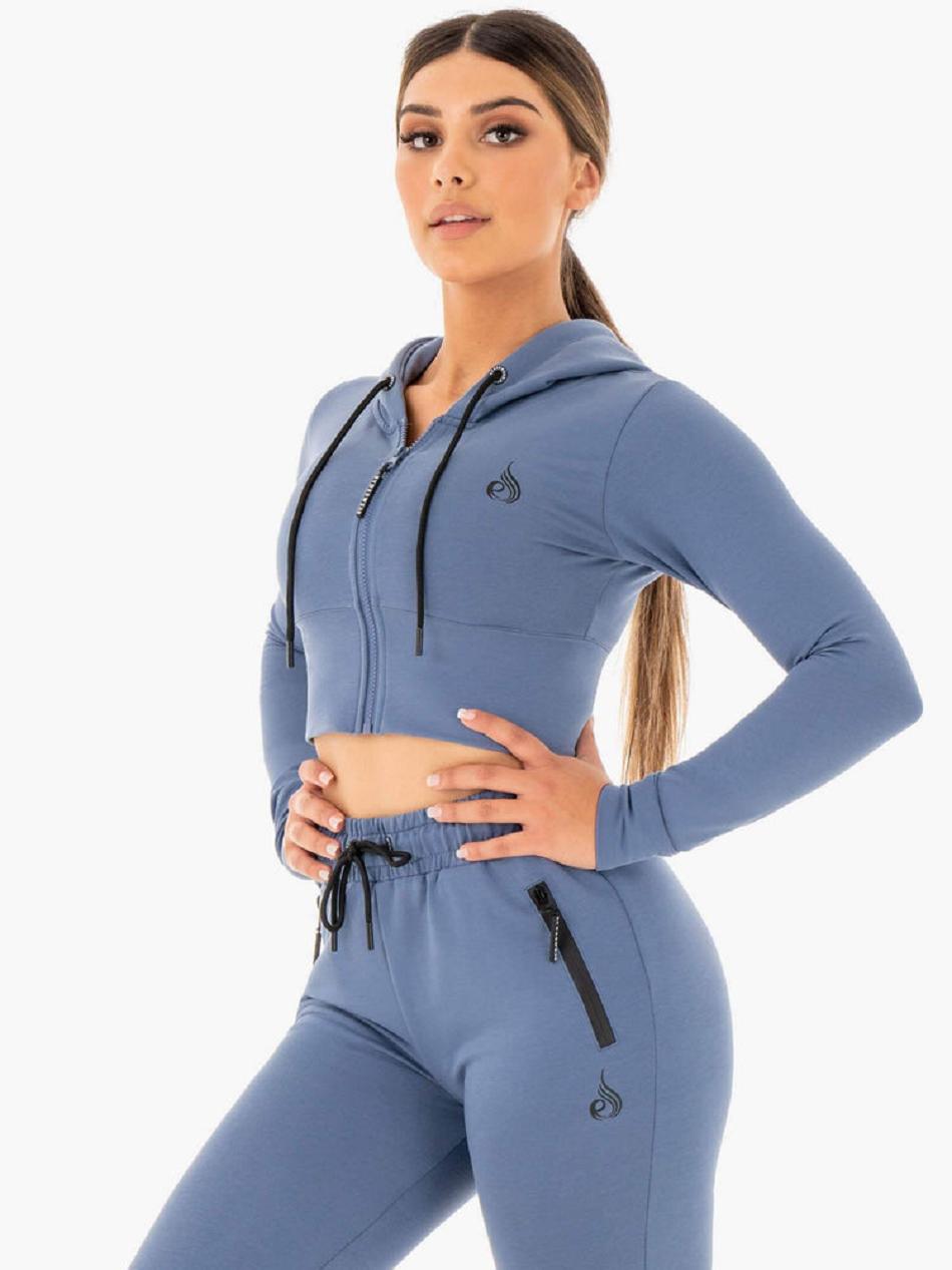 Grey / Blue Women's Ryderwear Luxe Cropped Zip Hoodie Trackset | 148DF32984