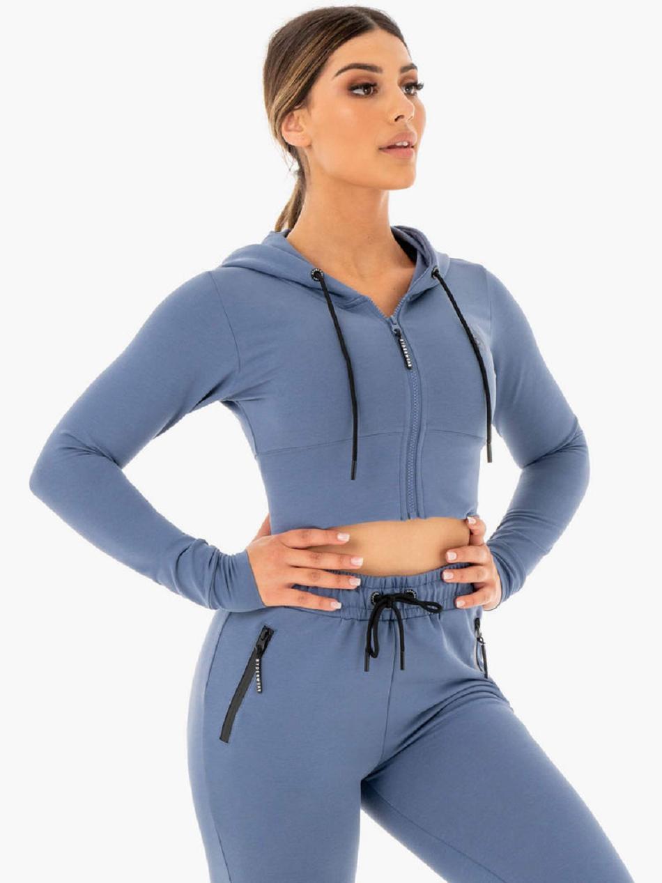 Grey / Blue Women's Ryderwear Luxe Cropped Zip Hoodie Trackset | 148DF32984