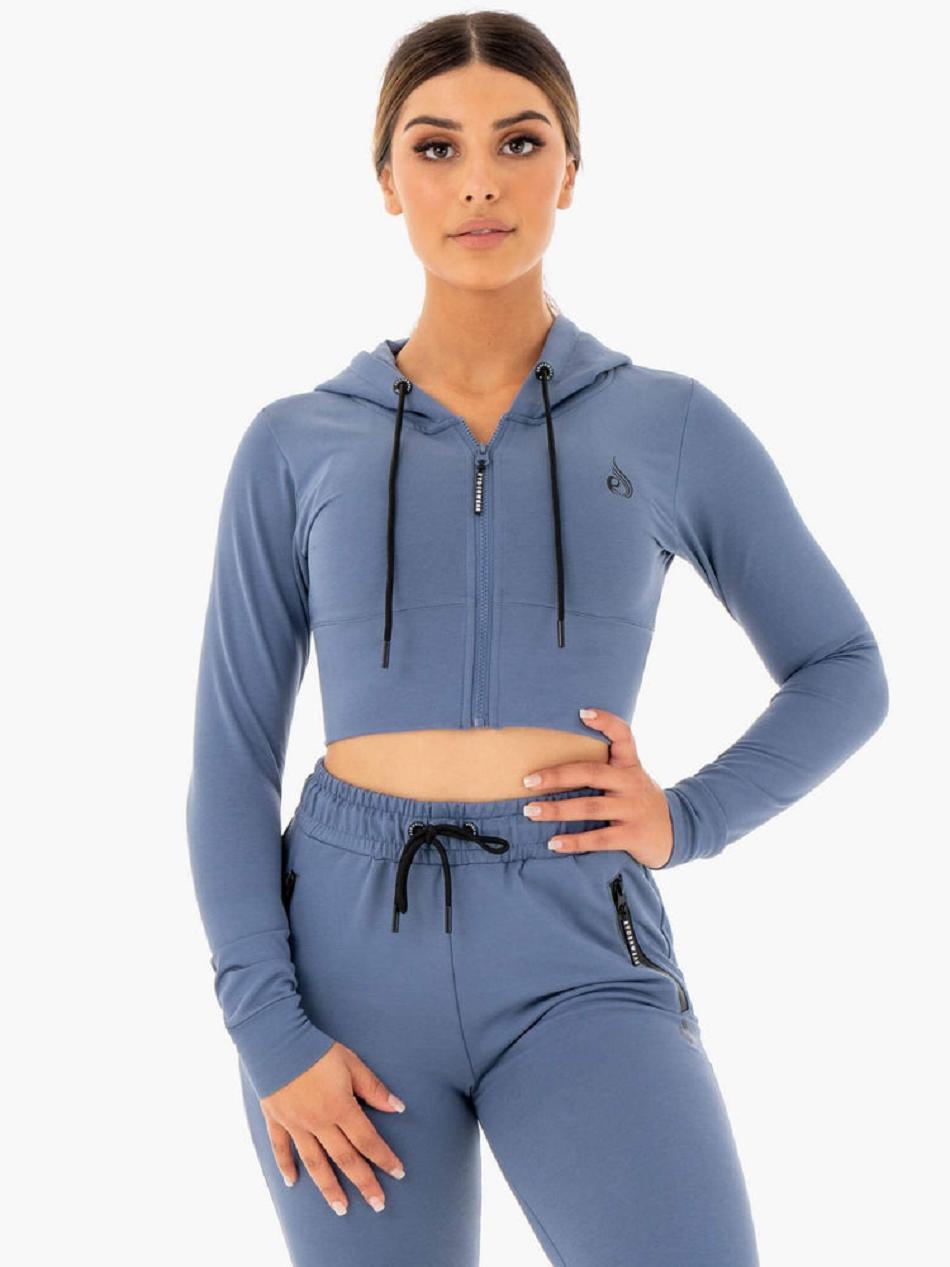 Grey / Blue Women\'s Ryderwear Luxe Cropped Zip Hoodie | OKT52253