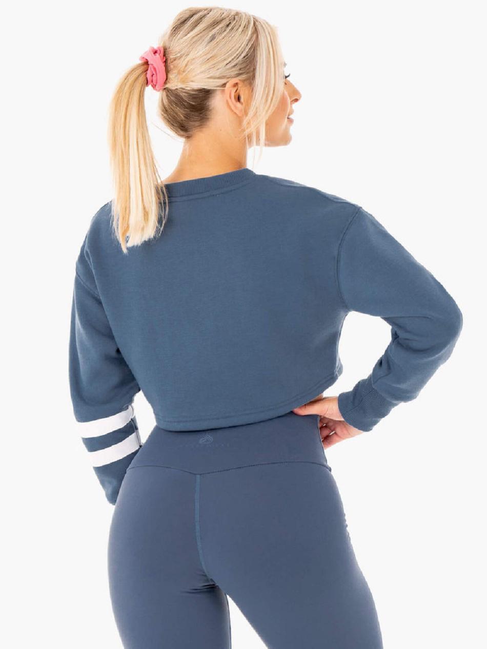 Grey / Blue Women's Ryderwear Motion Cropped Sweater Top | 67U5719097