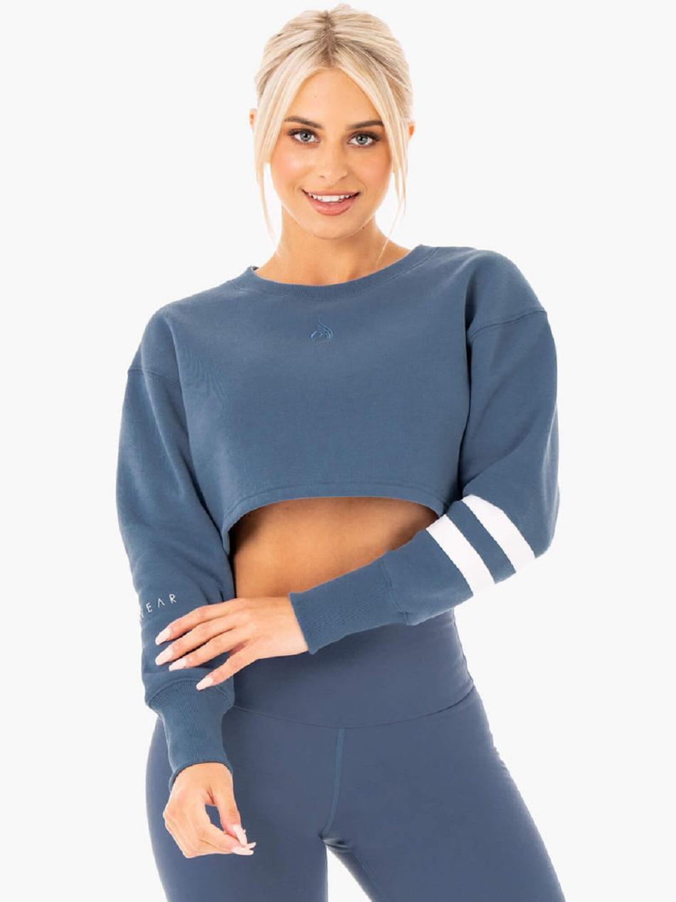 Grey / Blue Women\'s Ryderwear Motion Cropped Sweater Top | 67U5719097