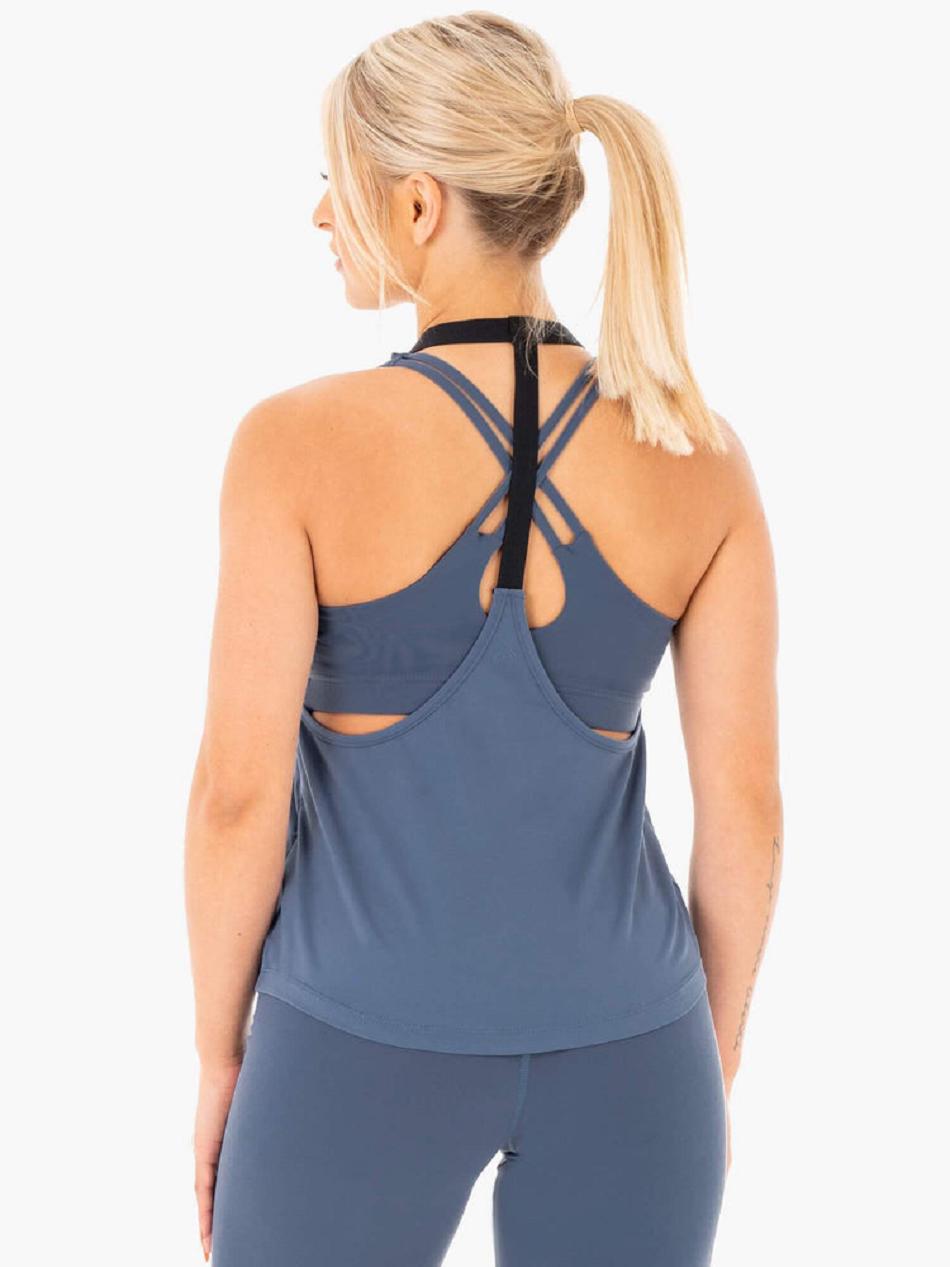 Grey / Blue Women's Ryderwear Motion Slinky T-Back Top | 63YR39300