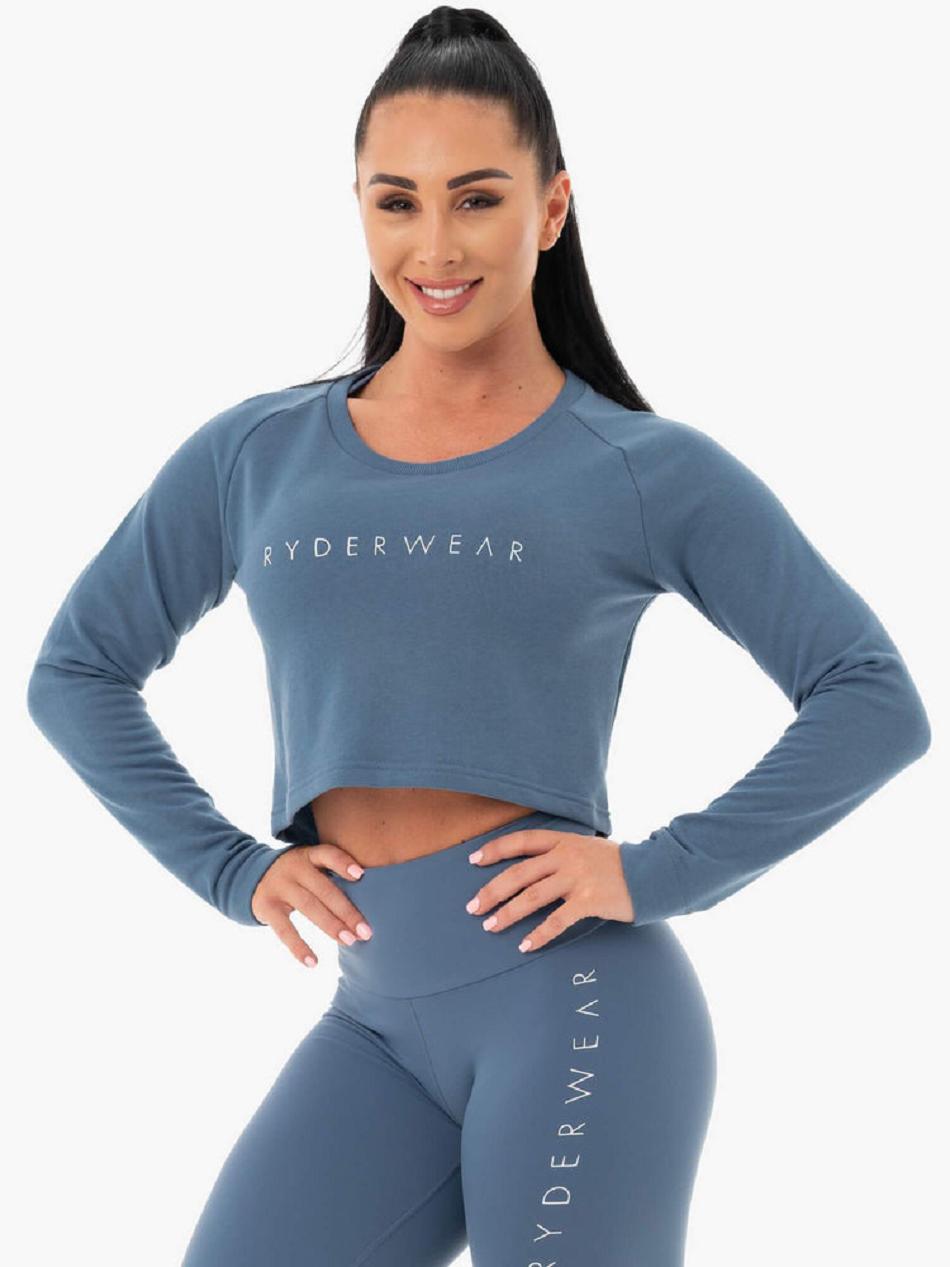 Grey / Blue Women's Ryderwear Staples Cropped Sweater Top | FR5529459