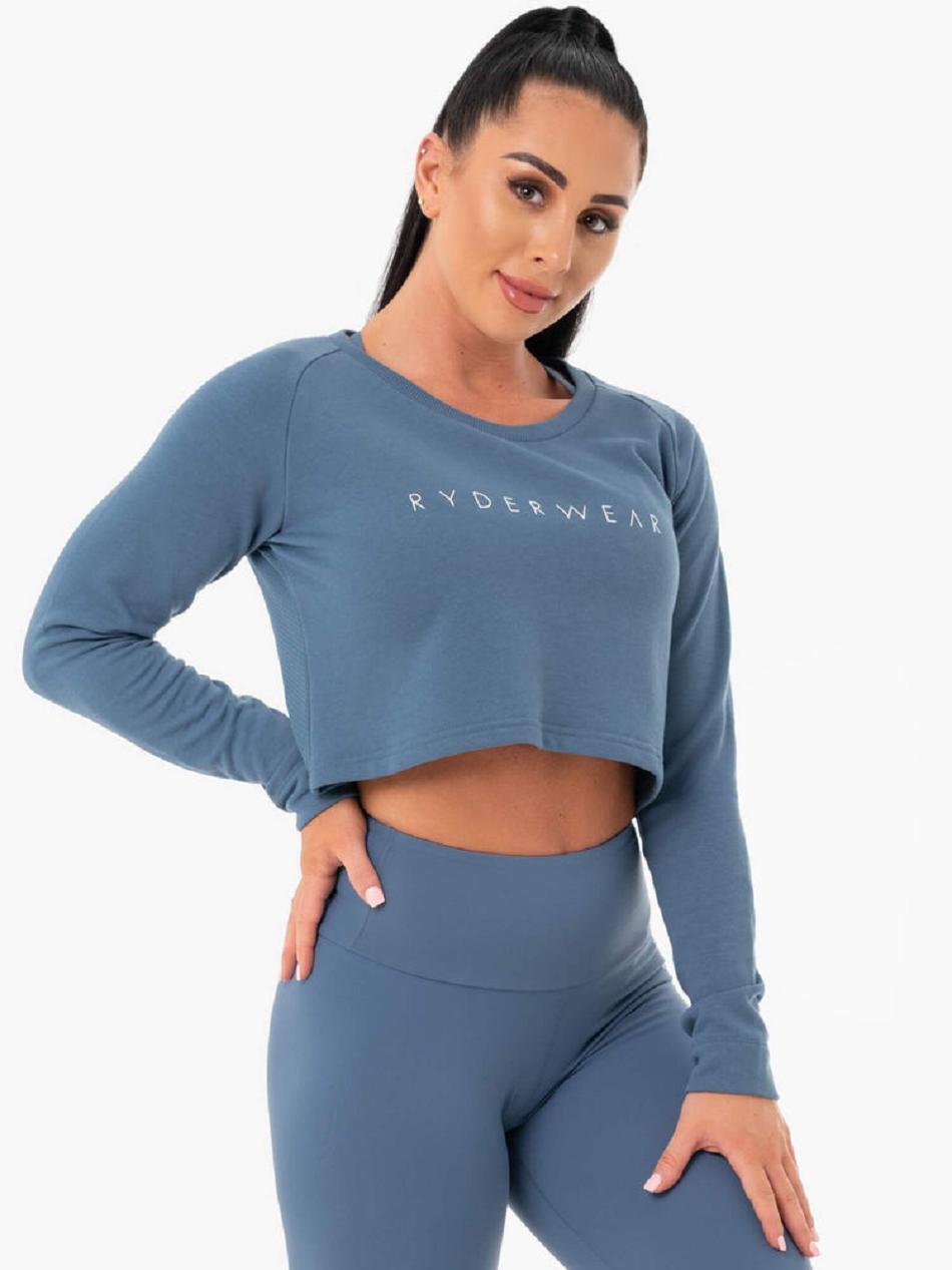 Grey / Blue Women's Ryderwear Staples Cropped Sweater Top | FR5529459