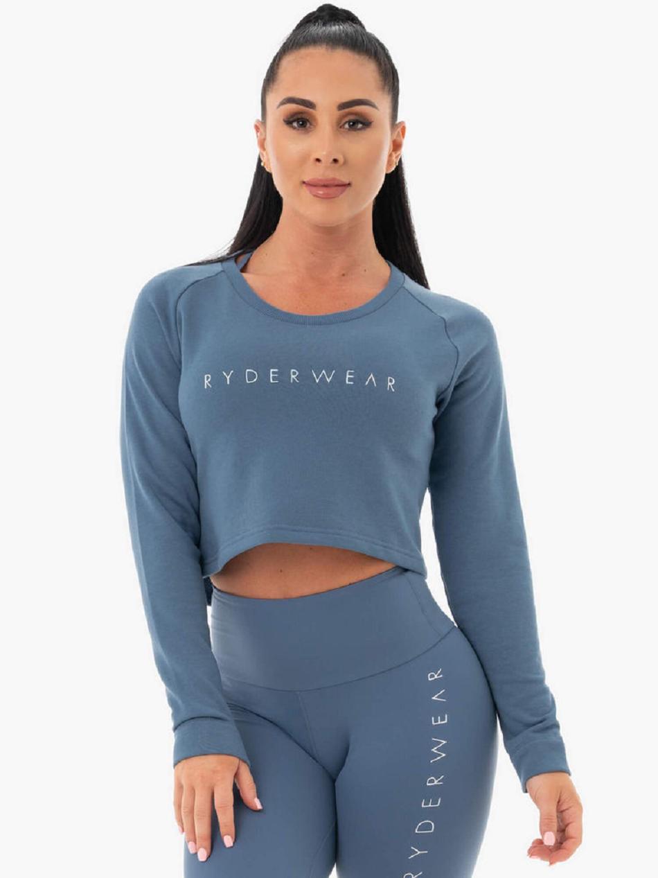 Grey / Blue Women\'s Ryderwear Staples Cropped Sweater Top | FR5529459