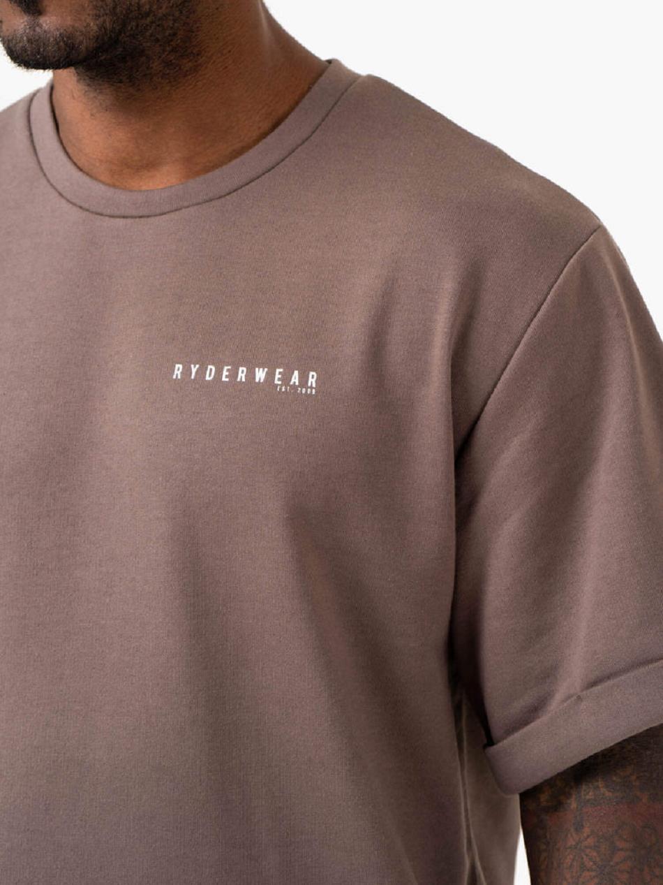 Grey Brown Men's Ryderwear Pursuit Oversized Fleece T-Shirt Active Lounge | 188F33475