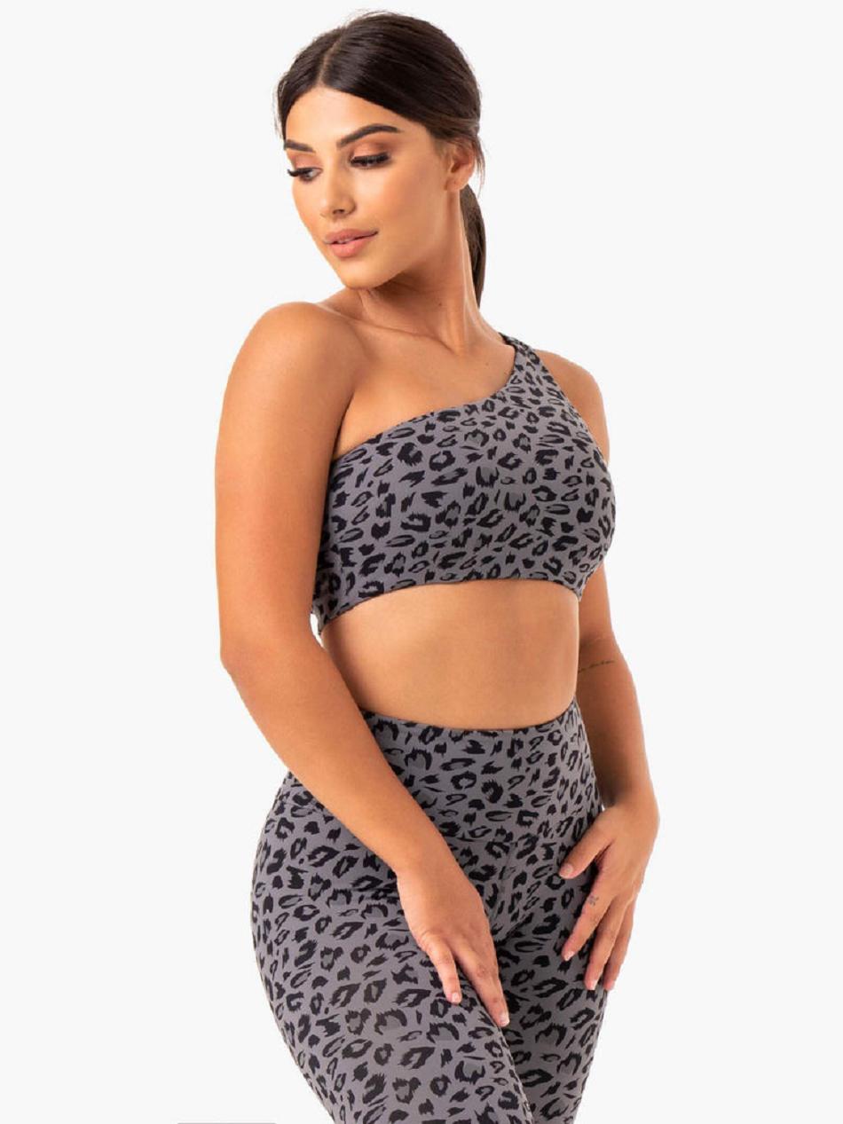 Grey / Leopard Women's Ryderwear Adapt One Shoulder Sports Bras | 61YR29167