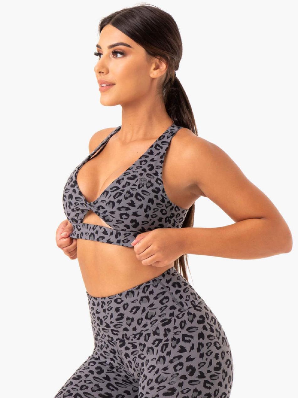 Grey / Leopard Women's Ryderwear Adapt Twist Sports Bras | 128G62010