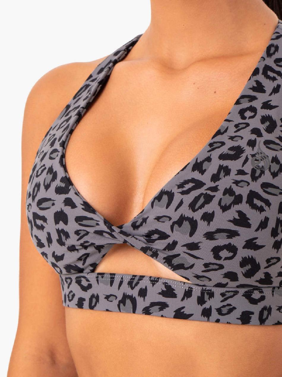 Grey / Leopard Women's Ryderwear Adapt Twist Sports Bras | 128G62010