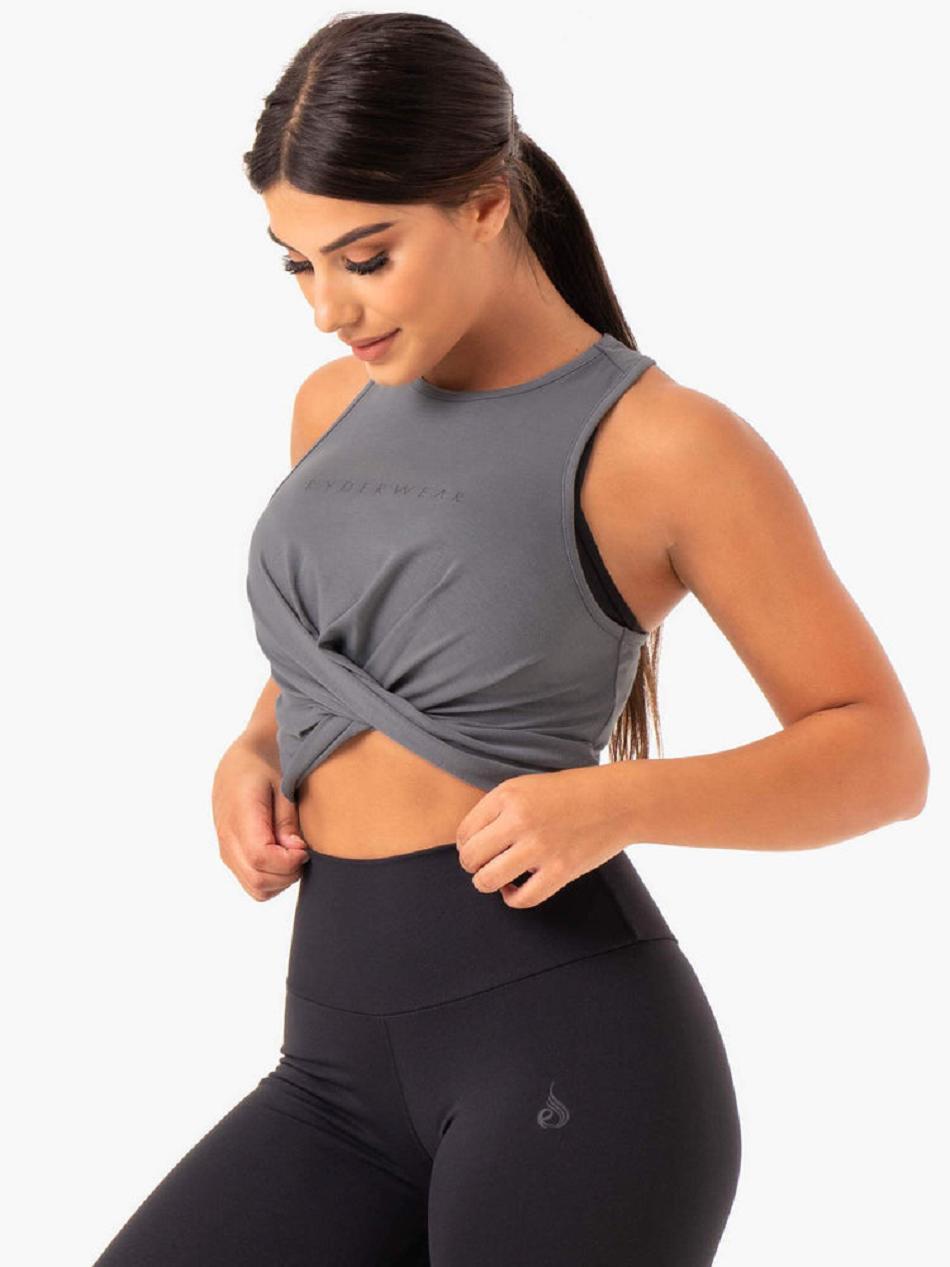 Grey Women's Ryderwear Adapt Twist Cropped Tanks | ES7059763