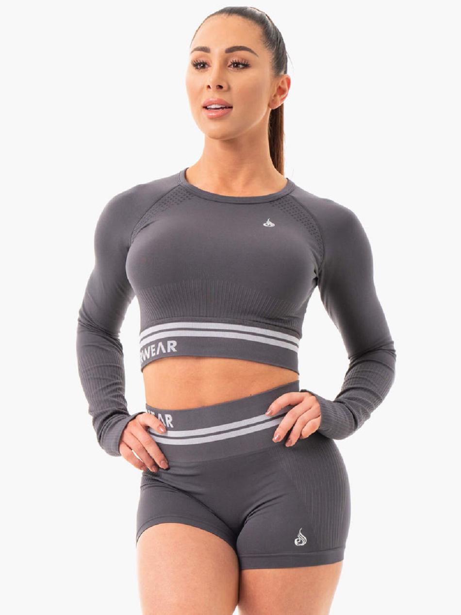 Grey Women's Ryderwear Freestyle Long Sleeve Crop Seamless | 49YH40692