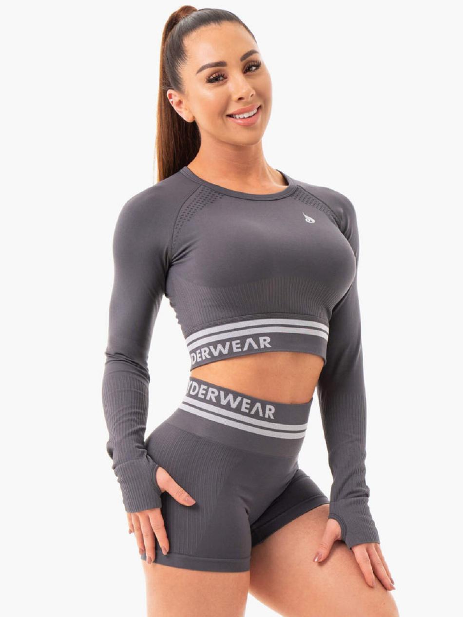 Grey Women's Ryderwear Freestyle Long Sleeve Crop Seamless | 49YH40692