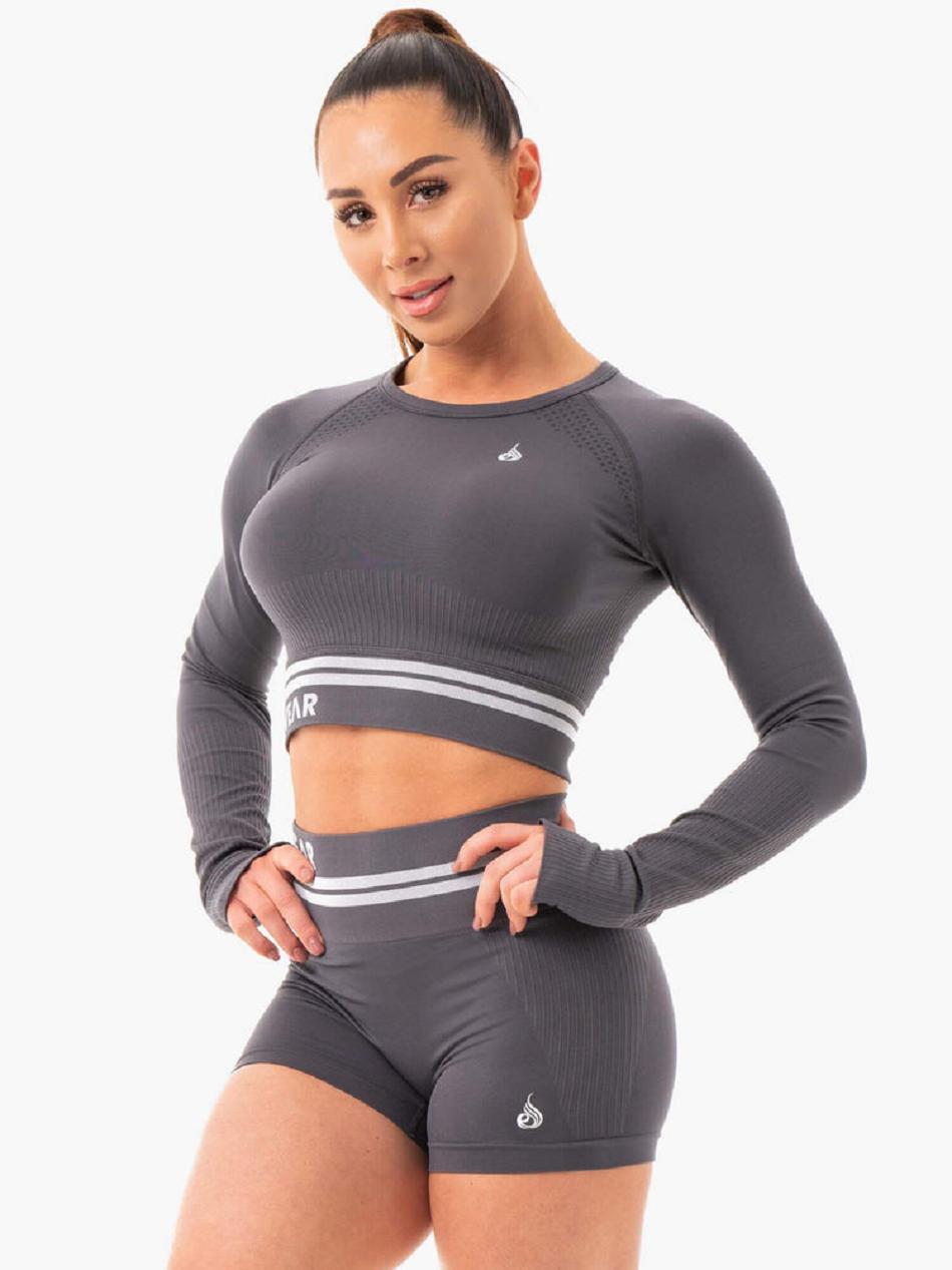 Grey Women\'s Ryderwear Freestyle Long Sleeve Crop Seamless | 49YH40692