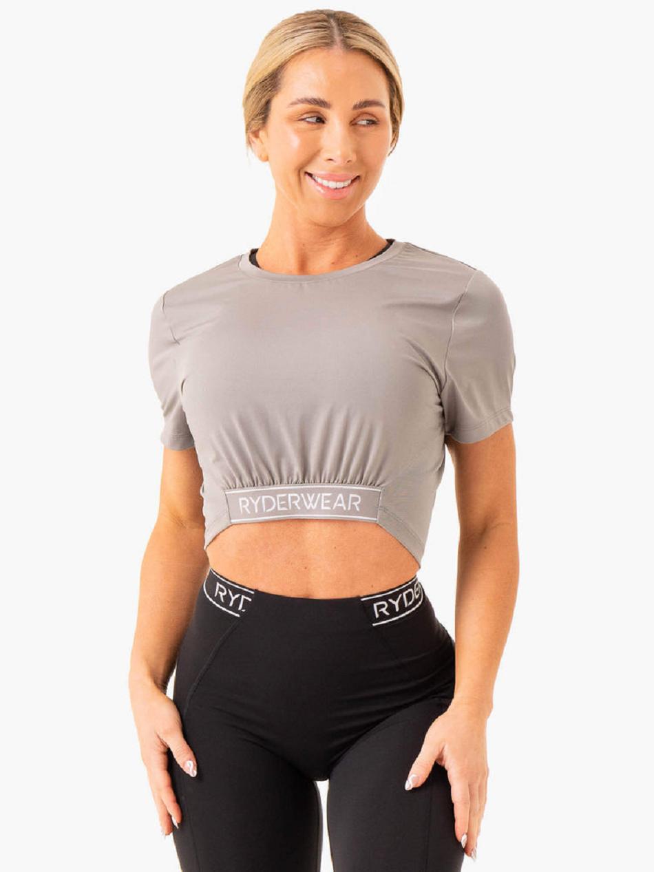 Grey Women\'s Ryderwear Level Up Cropped T-Shirt Top | 64FE97665