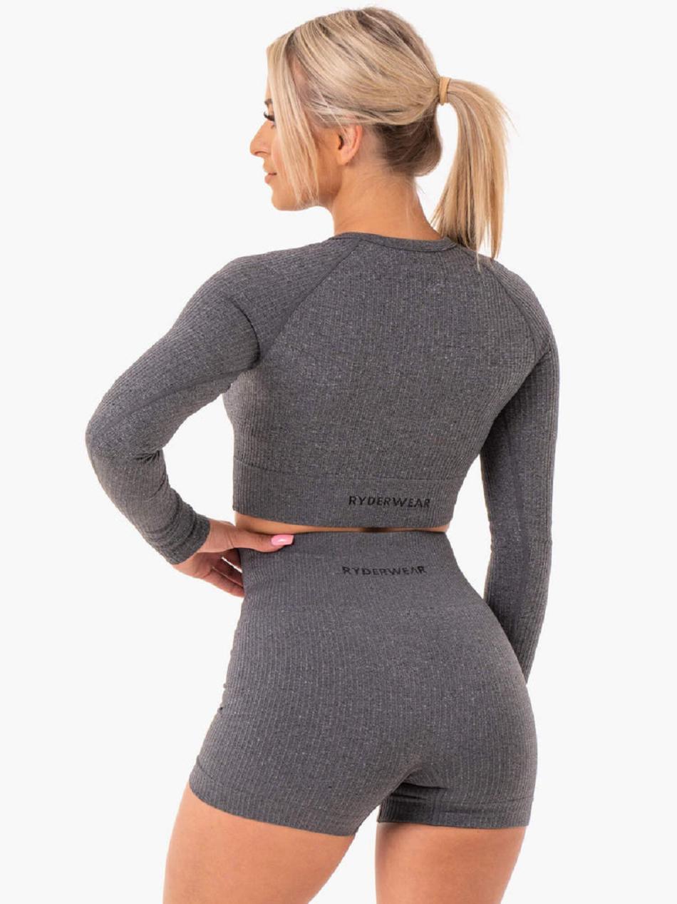 Grey Women's Ryderwear Rib Long Sleeve Top Seamless | 46RT71477