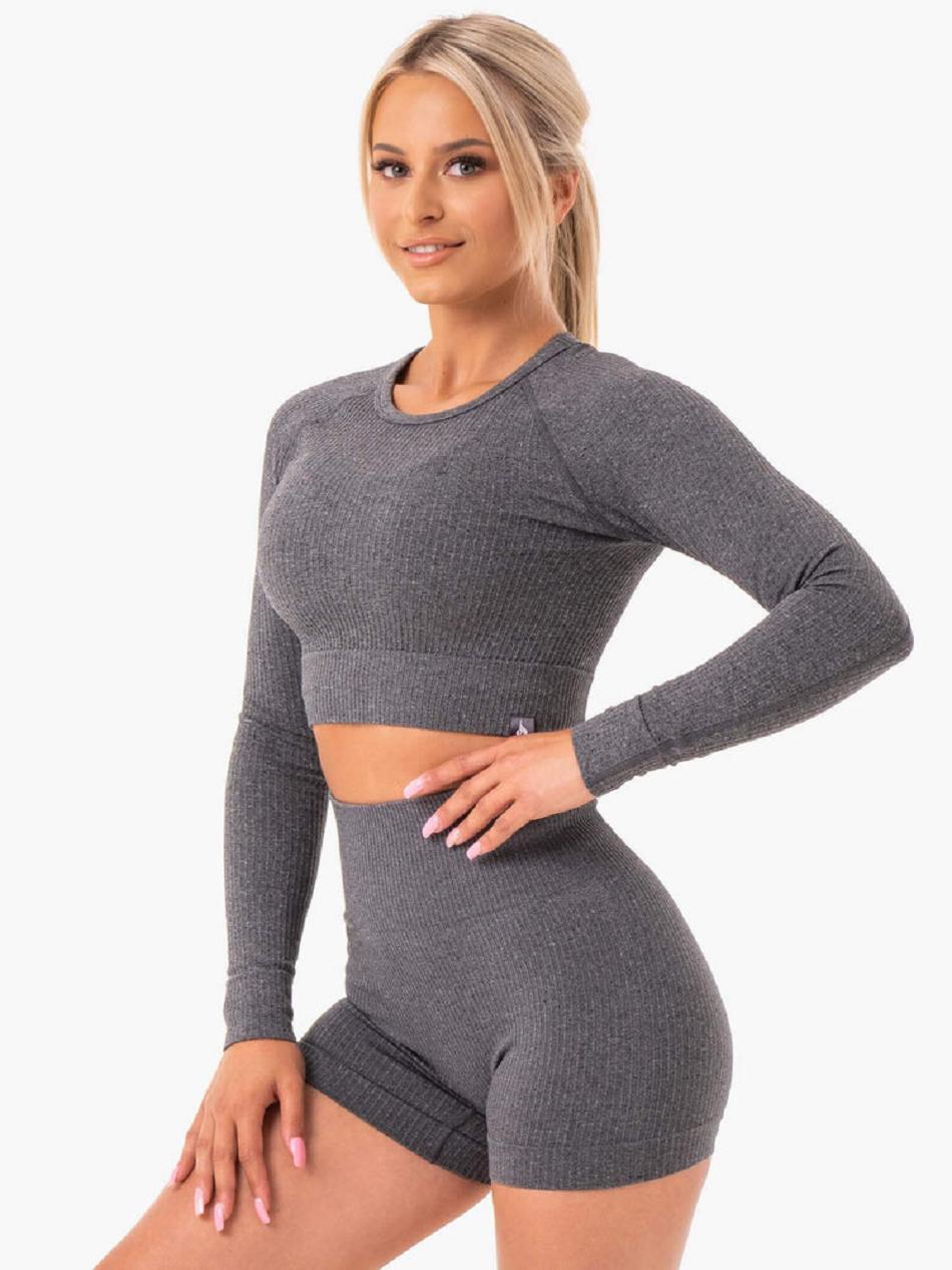 Grey Women's Ryderwear Rib Long Sleeve Top Seamless | 46RT71477