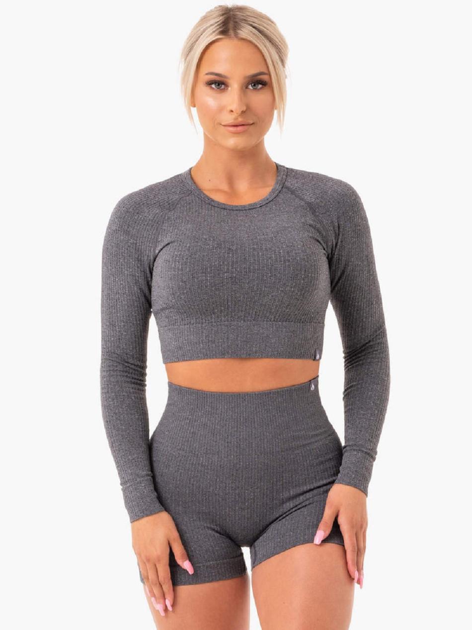 Grey Women\'s Ryderwear Rib Long Sleeve Top Seamless | 46RT71477