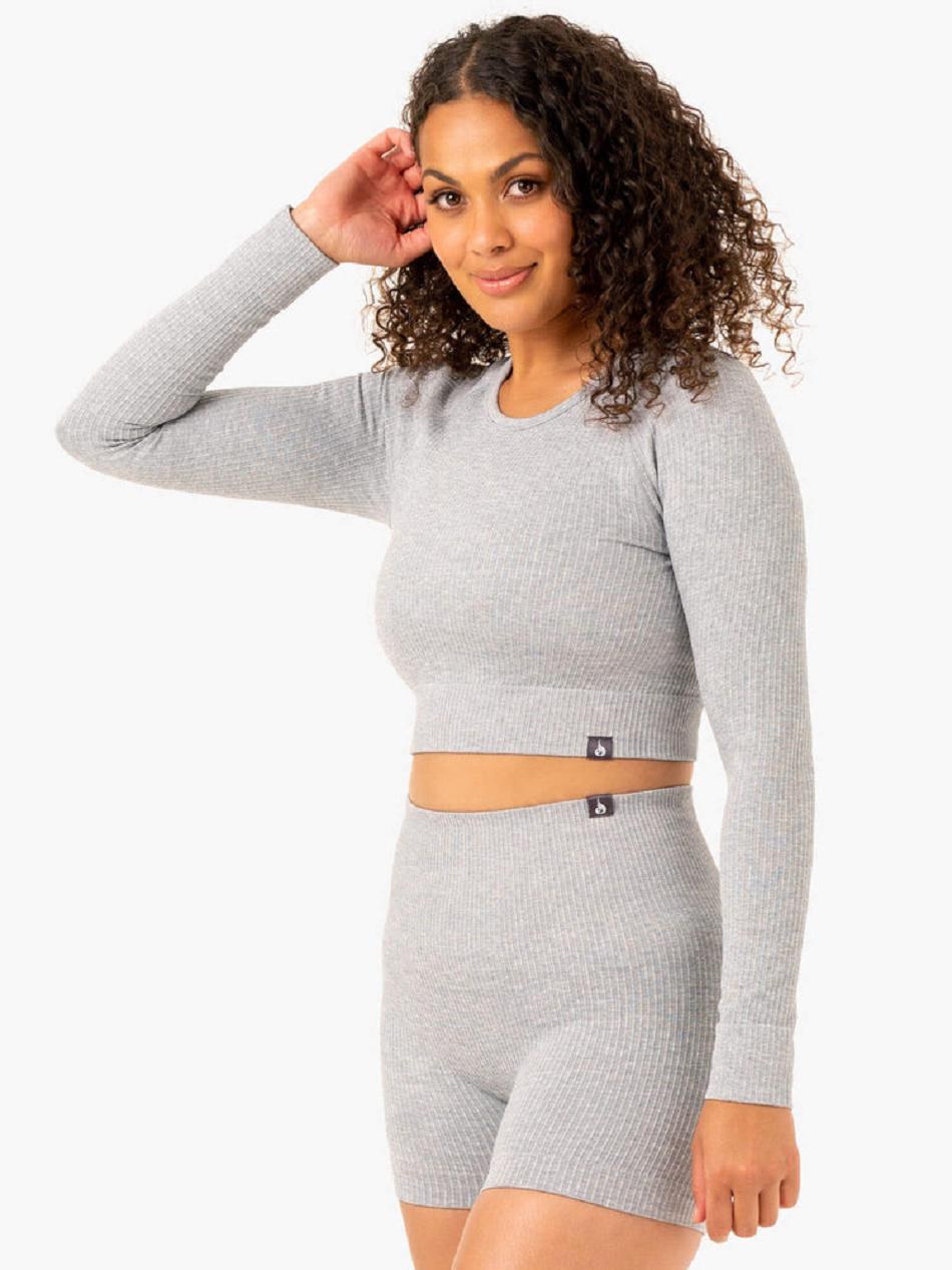 Grey Women's Ryderwear Rib Long Sleeve Top Seamless | DF4447161