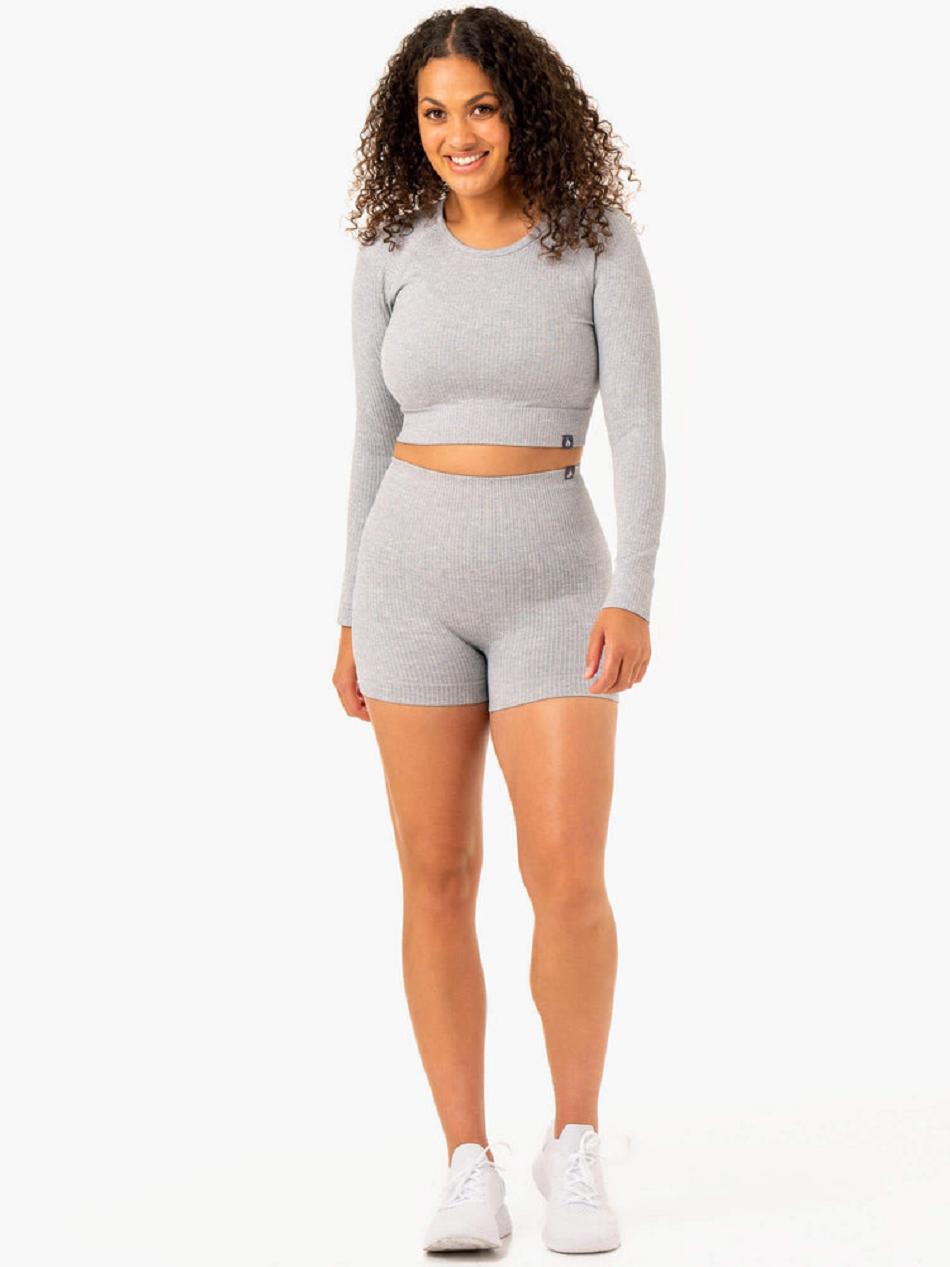 Grey Women's Ryderwear Rib Long Sleeve Top Seamless | DF4447161