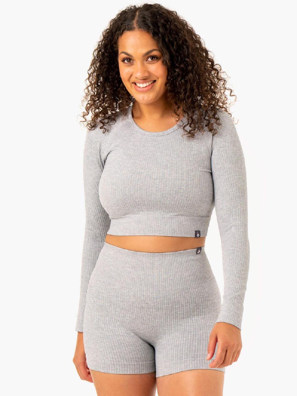 Grey Women\'s Ryderwear Rib Long Sleeve Top Seamless | DF4447161