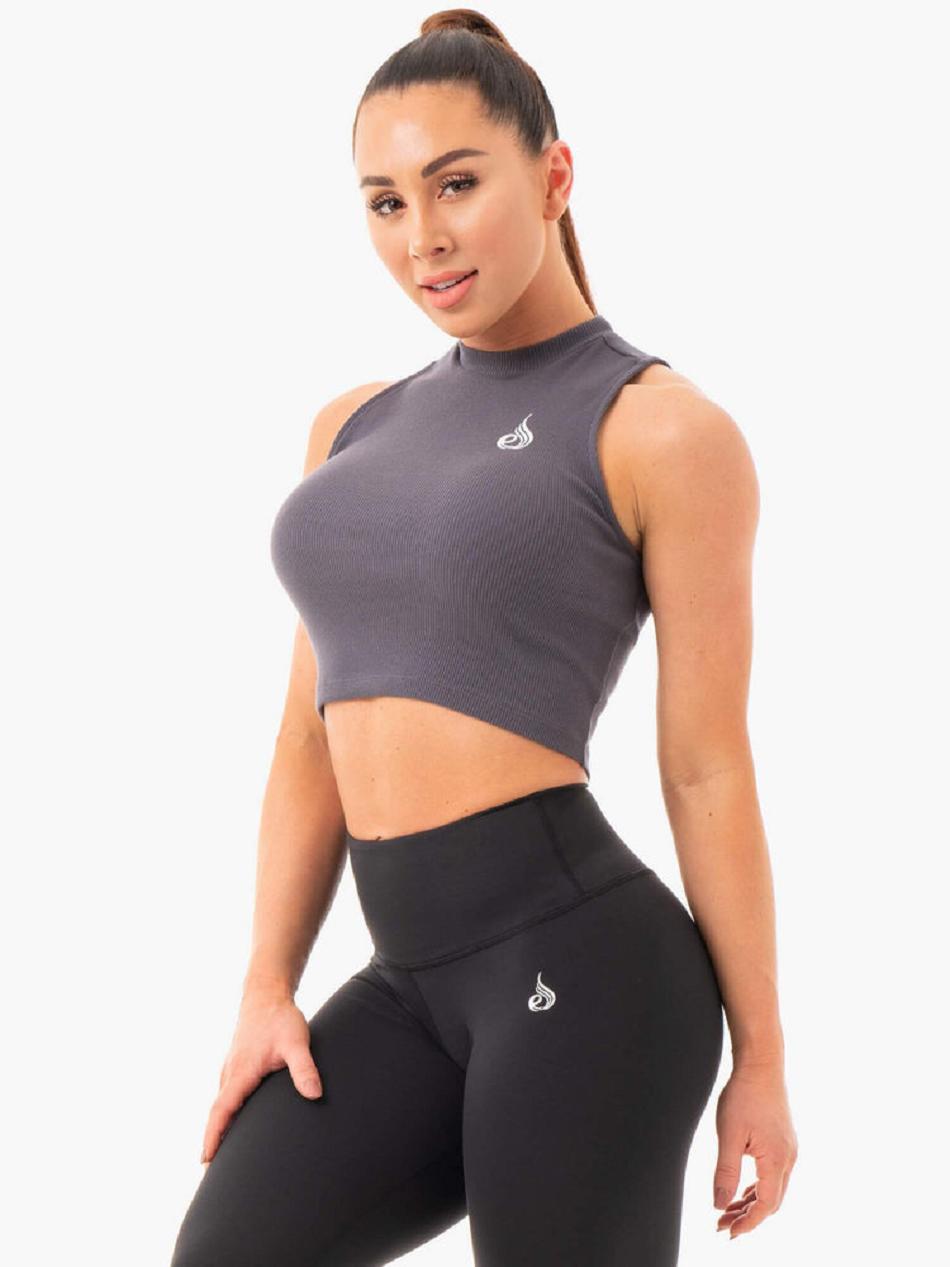 Grey Women's Ryderwear Ribbed Crop Tanks | 631Y93638