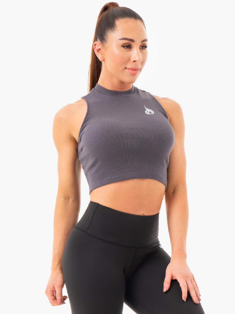 Grey Women's Ryderwear Ribbed Crop Tanks | 631Y93638