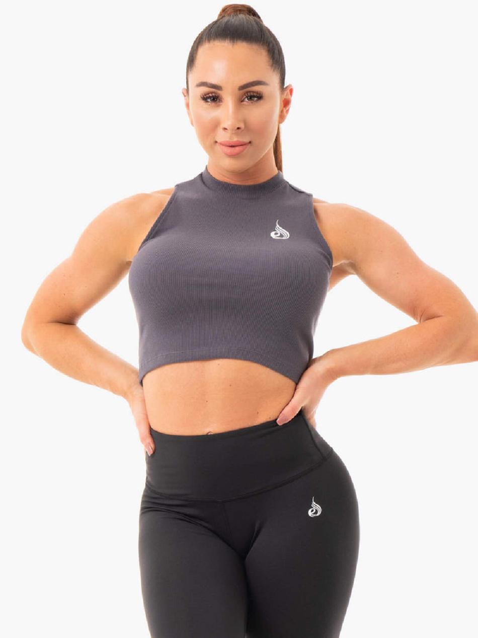 Grey Women\'s Ryderwear Ribbed Crop Tanks | 631Y93638