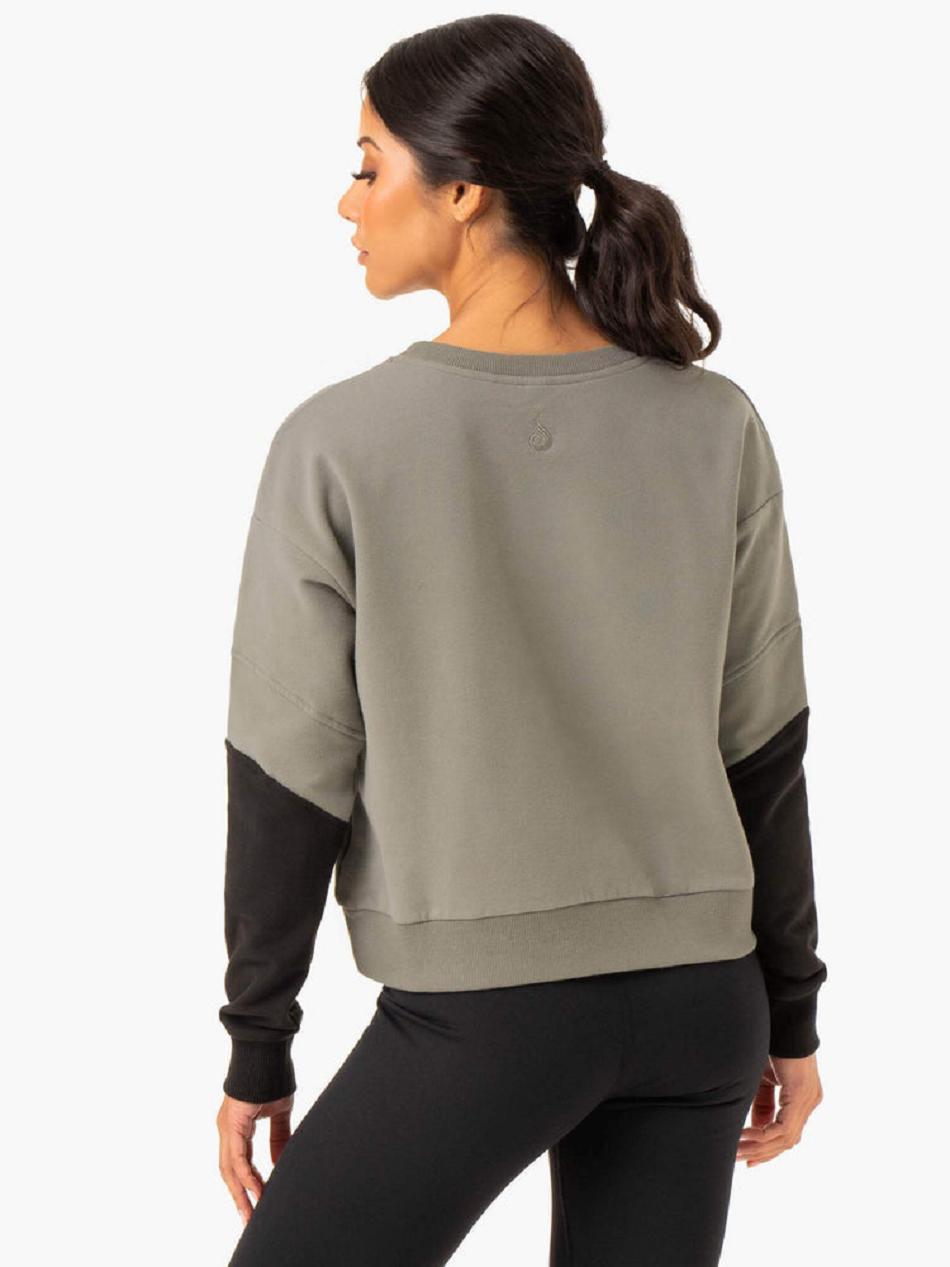 Khaki / Black Women's Ryderwear Hybrid Pullover Jumper Top | DF6382214