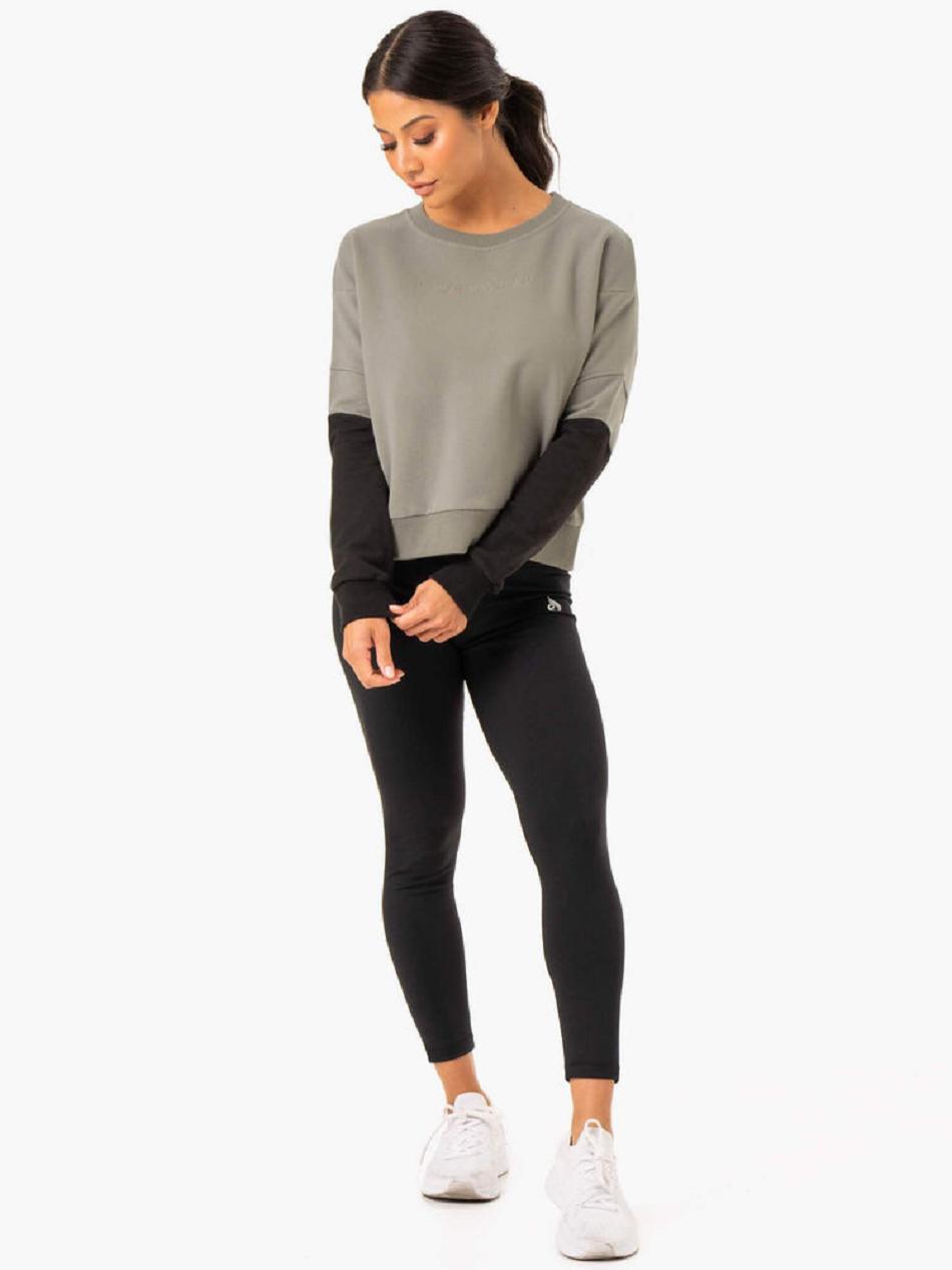 Khaki / Black Women's Ryderwear Hybrid Pullover Jumper Top | DF6382214