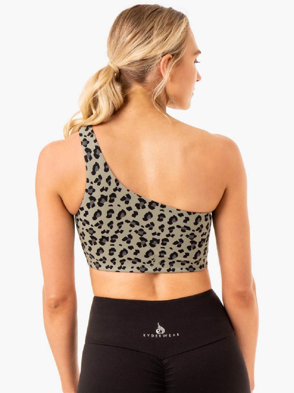 Khaki / Leopard Women's Ryderwear Adapt One Shoulder Sports Bras | FG5451604