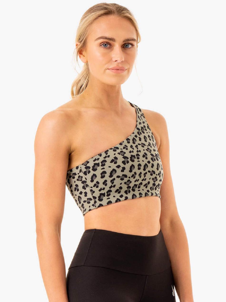 Khaki / Leopard Women's Ryderwear Adapt One Shoulder Sports Bras | FG5451604