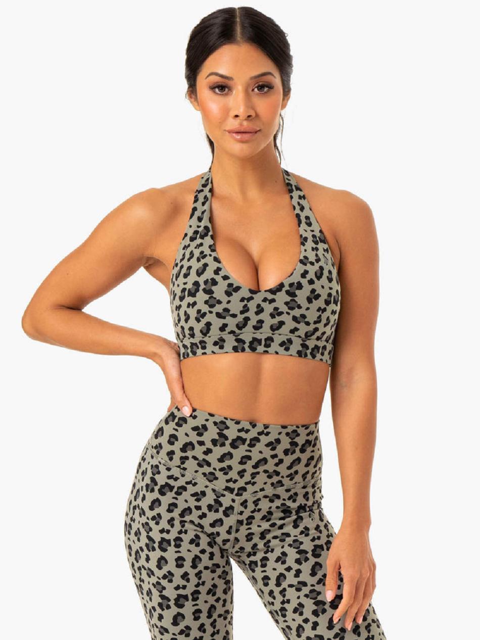 Khaki / Leopard Women's Ryderwear Hybrid Halter Sports Bras | 108Y37723