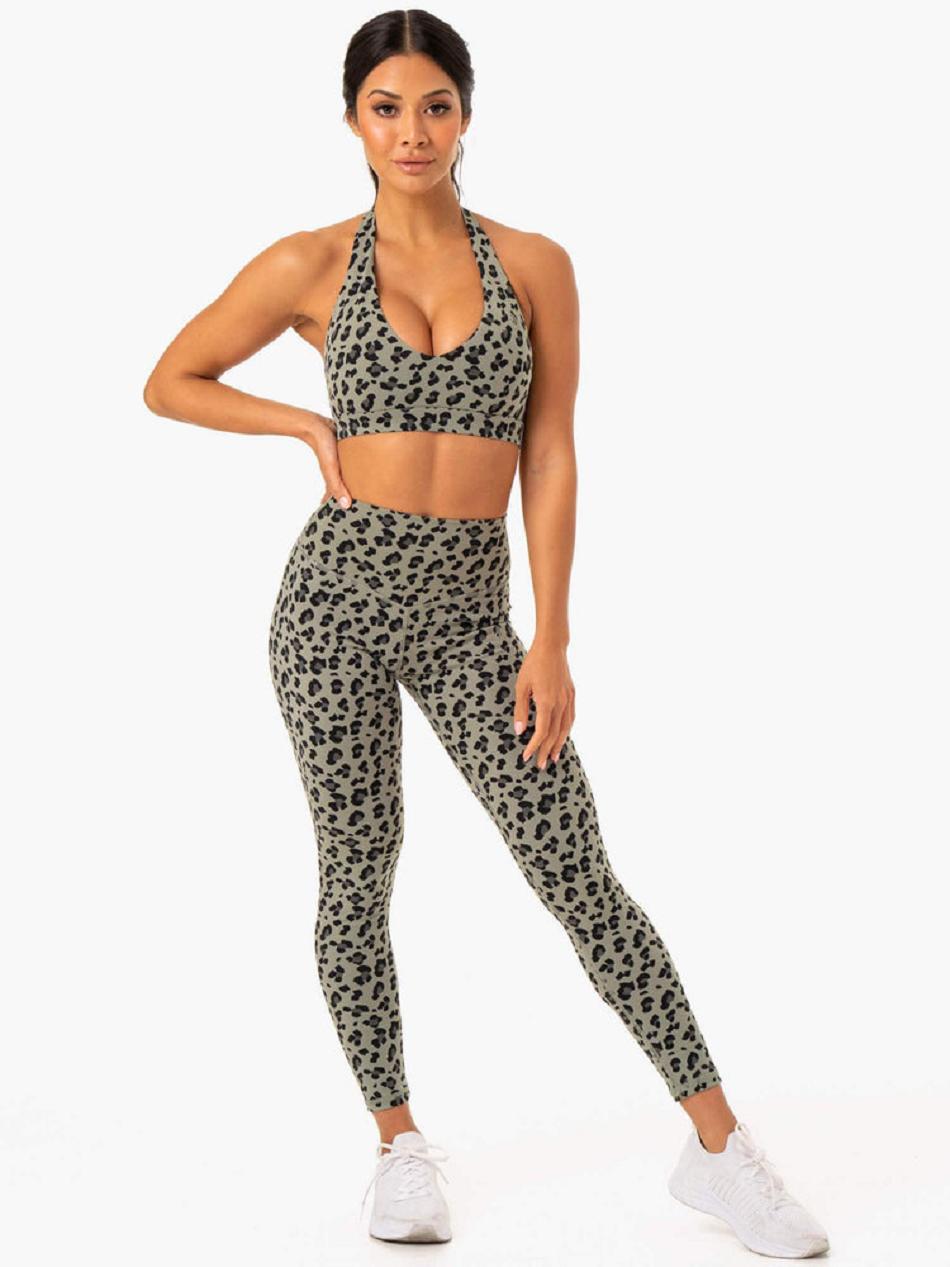 Khaki / Leopard Women's Ryderwear Hybrid Halter Sports Bras | 108Y37723