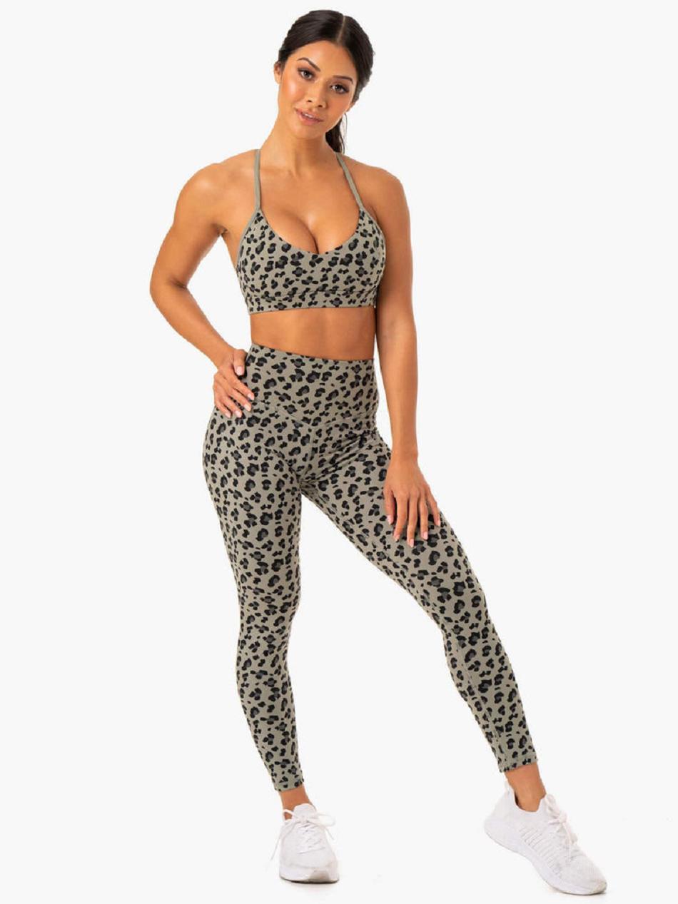 Khaki / Leopard Women's Ryderwear Hybrid Sports Bras | DF5542901