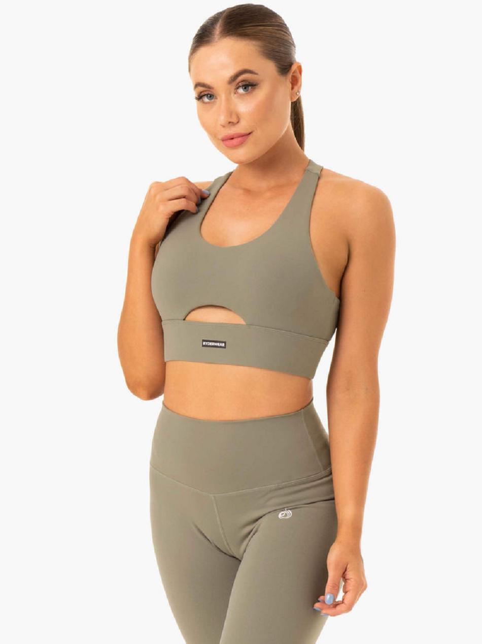 Khaki Women's Ryderwear Base Racer Back Sports Bras | G2T86147