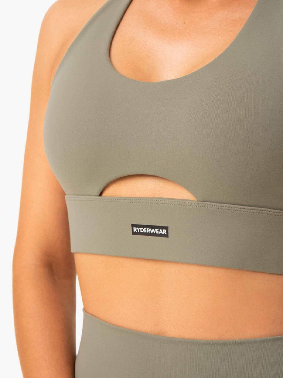 Khaki Women's Ryderwear Base Racer Back Sports Bras | G2T86147