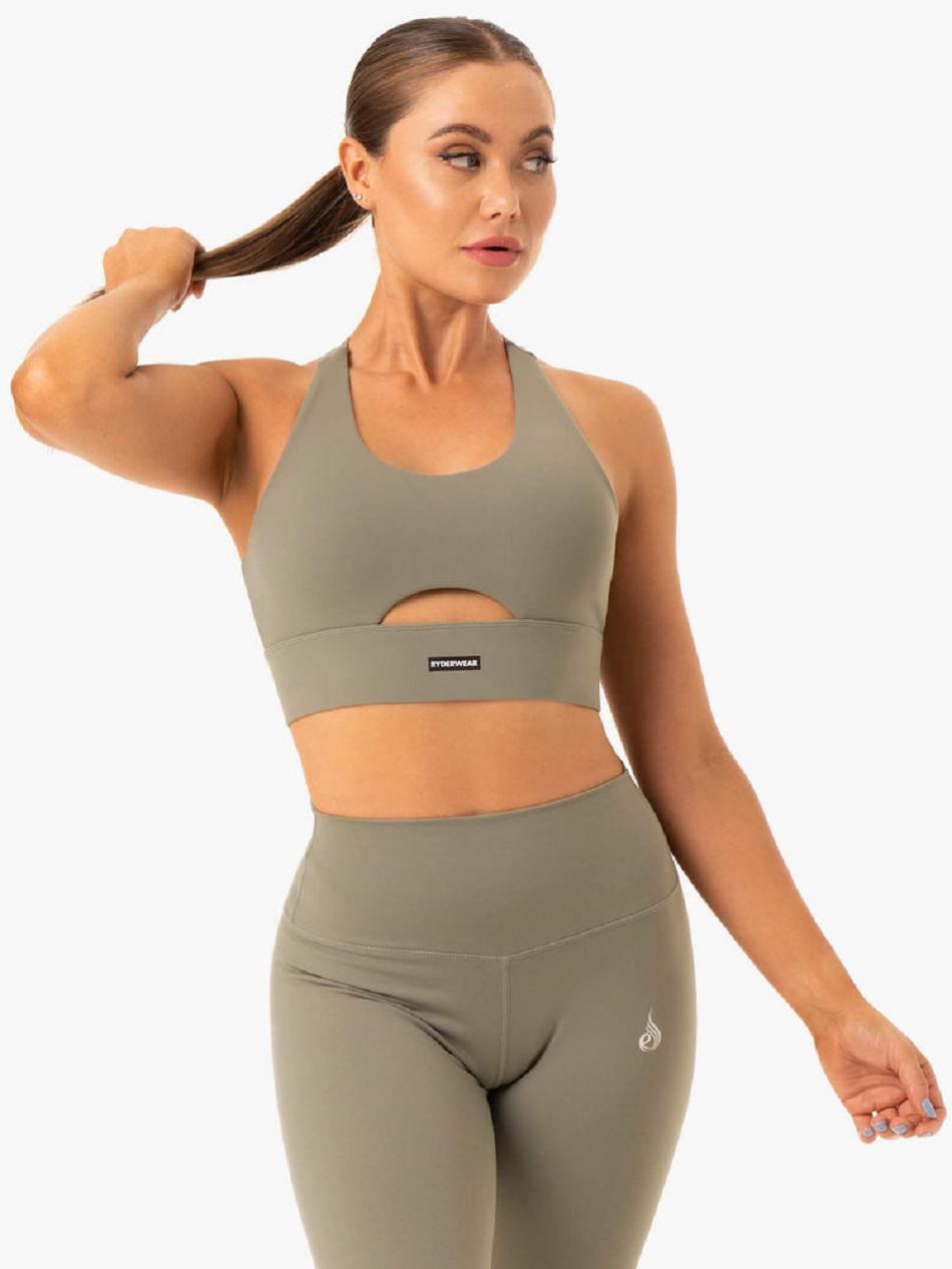 Khaki Women\'s Ryderwear Base Racer Back Sports Bras | G2T86147